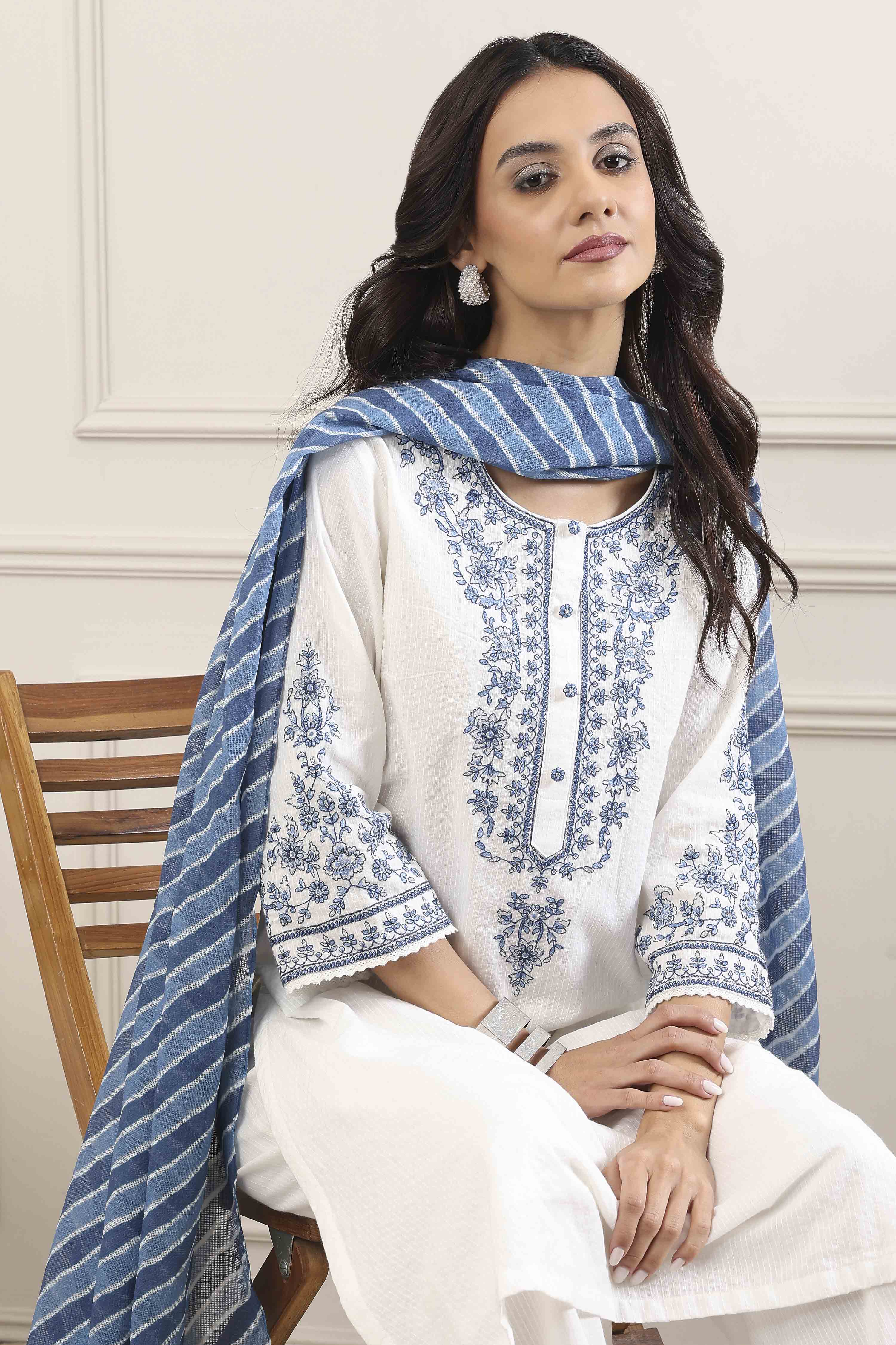 White Cotton Straight Suit Set image number 7