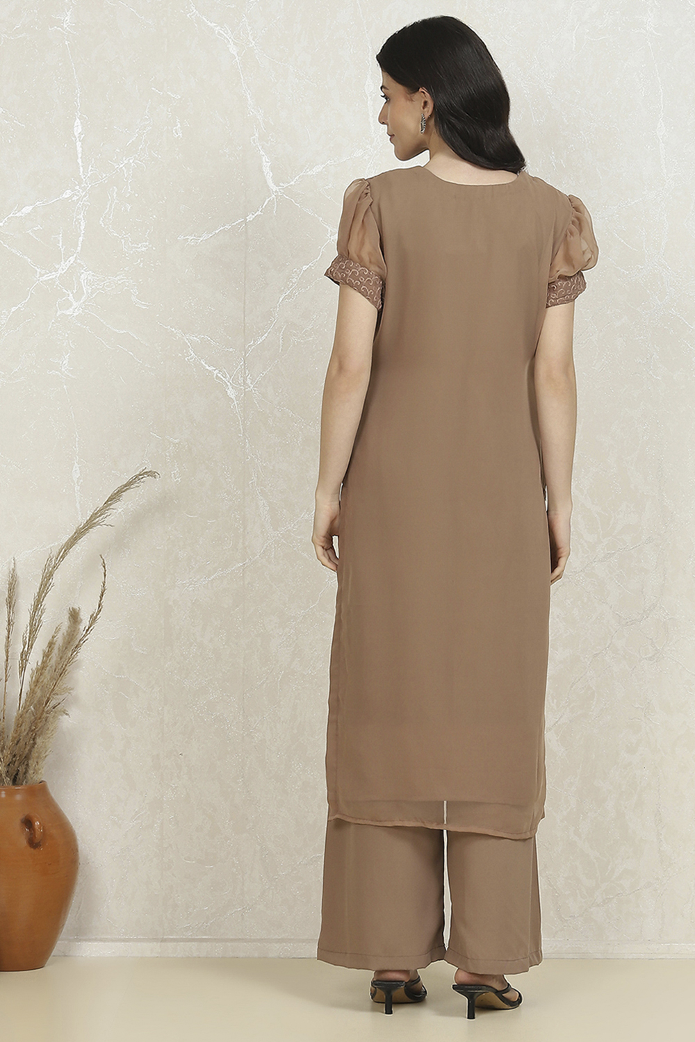 Brown Georgette Machine Embroidered Unstitched Suit Set image number 5