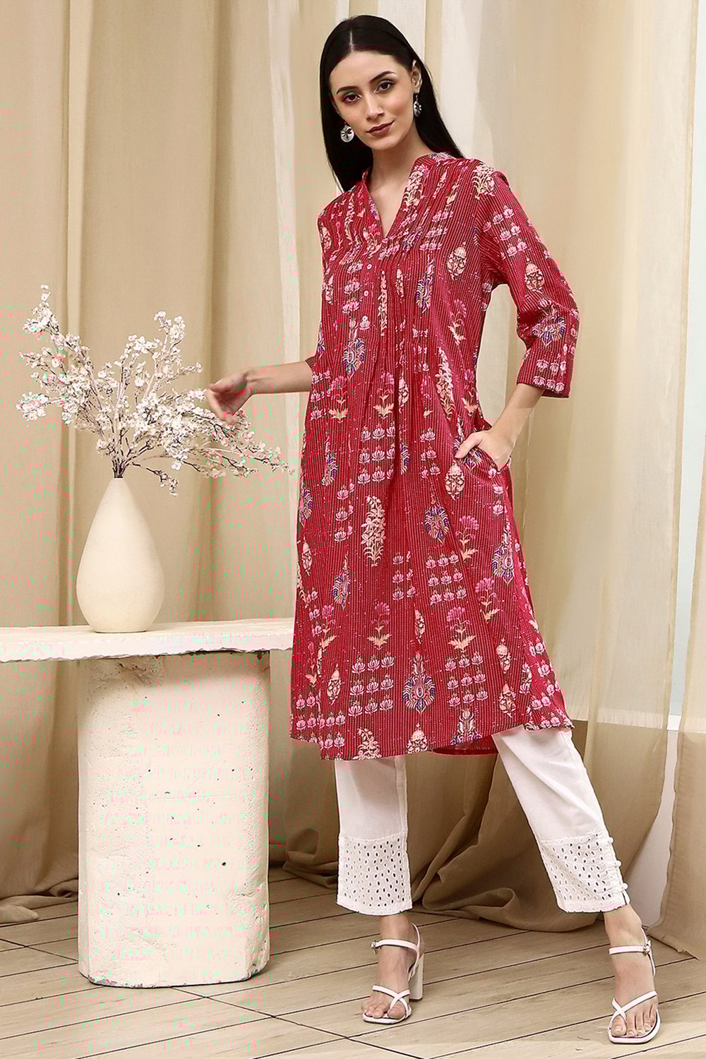 Pink Cotton Printed Straight Kurta image number 0