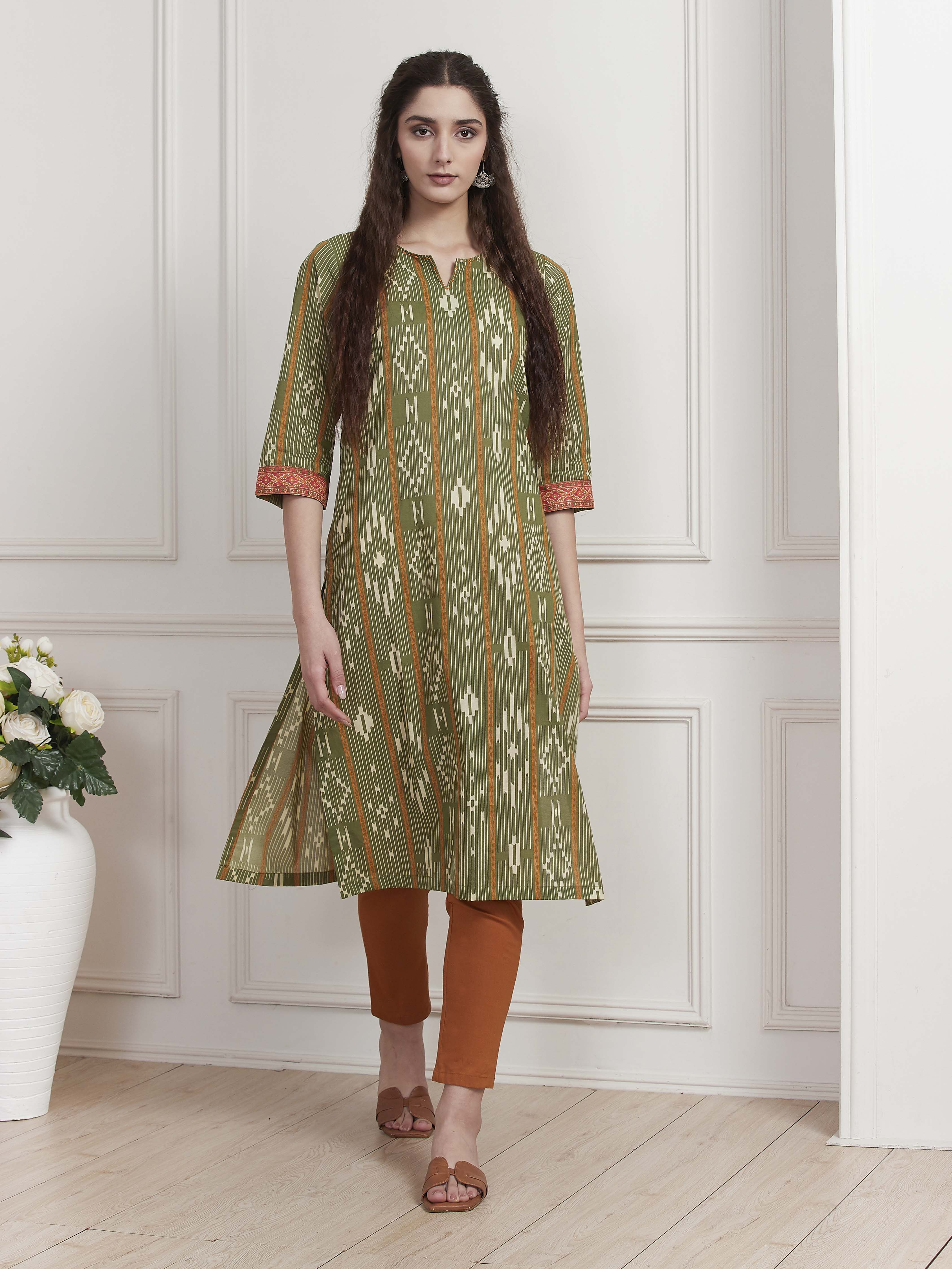 Green Cotton Printed Straight Kurta image number 6