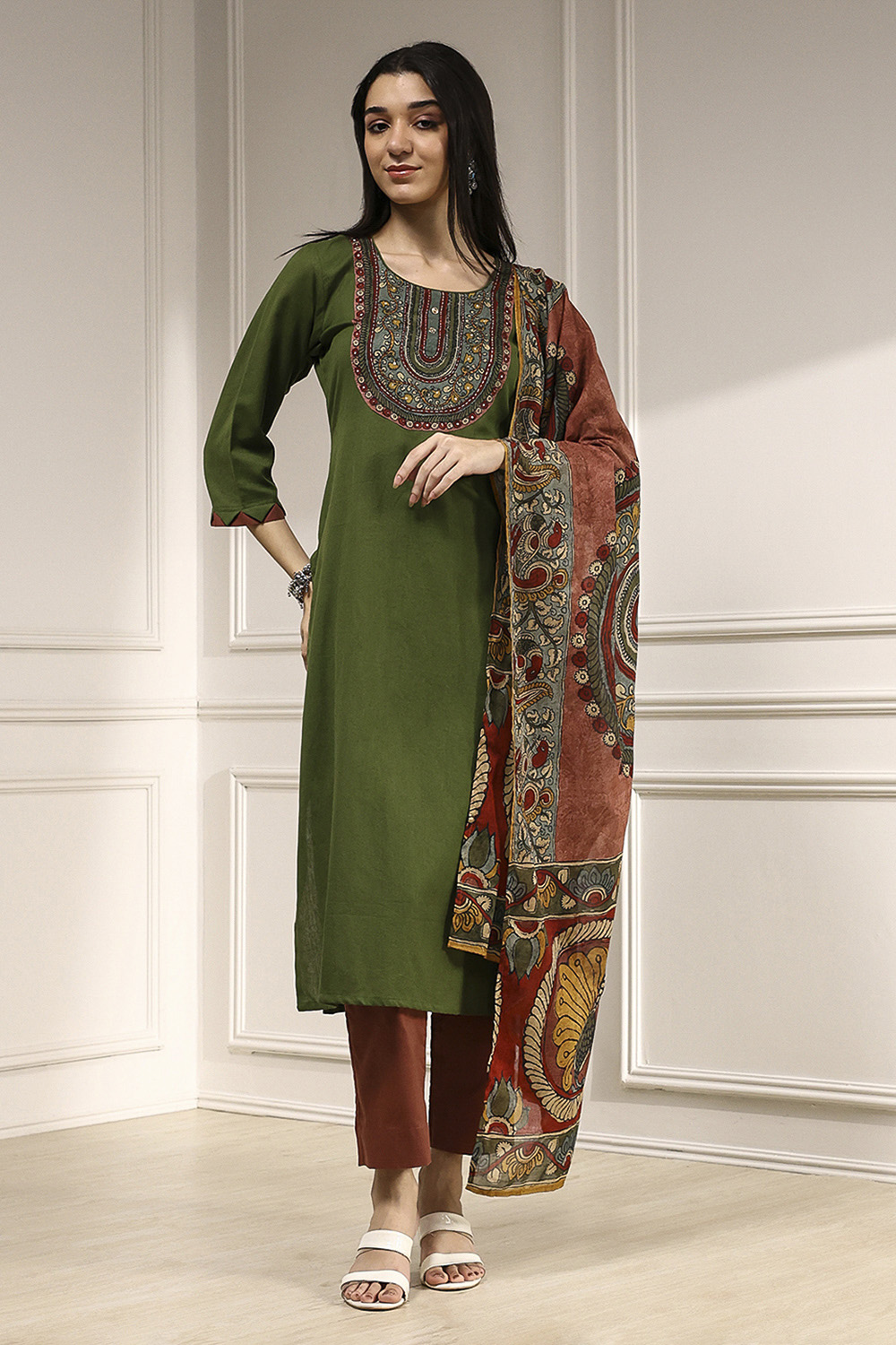 Green Cotton Hand Block Print Unstitched Suit Set image number 1