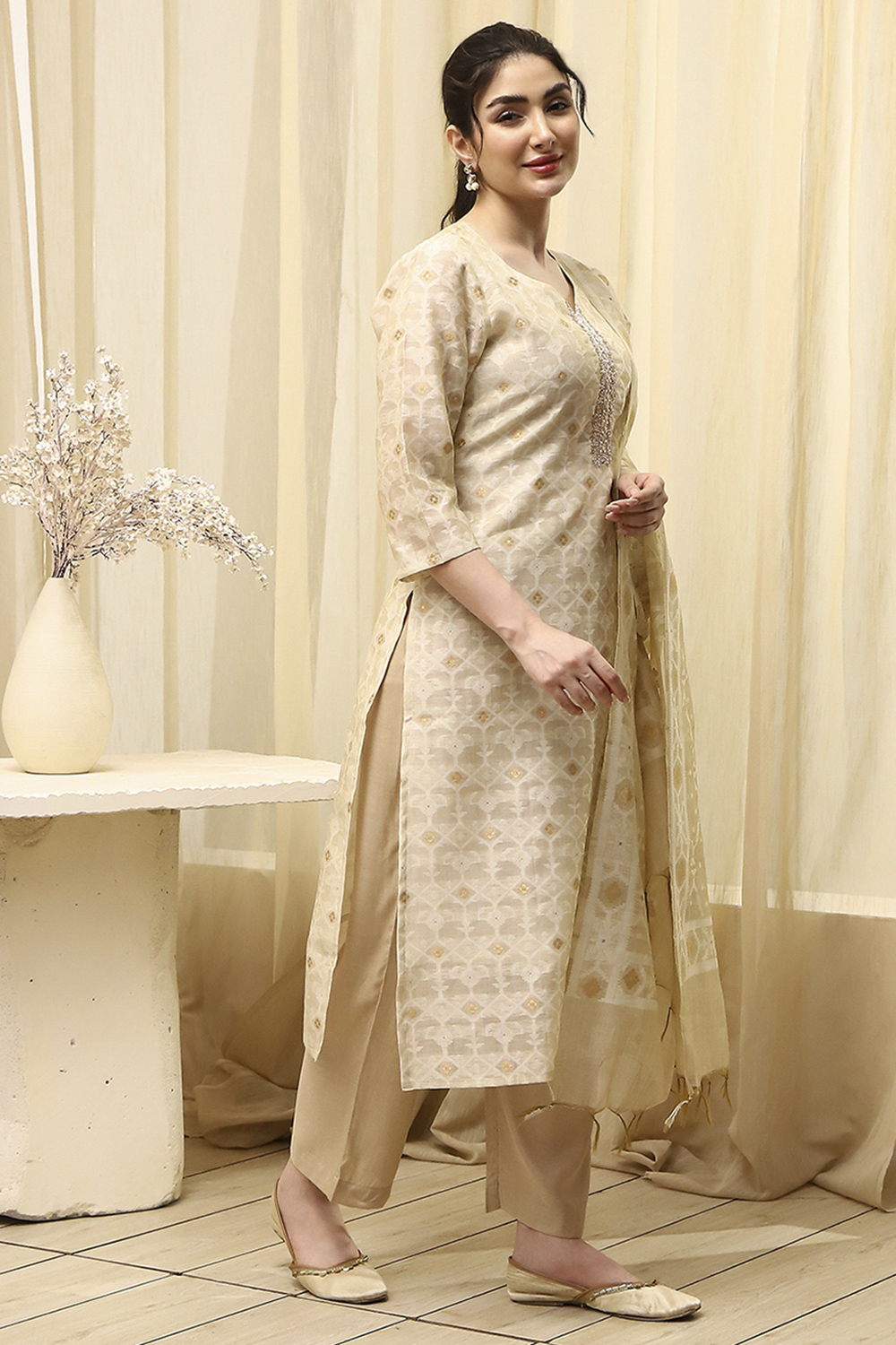 Beige Chanderi Jamdani Unstitched Suit Set image number 7