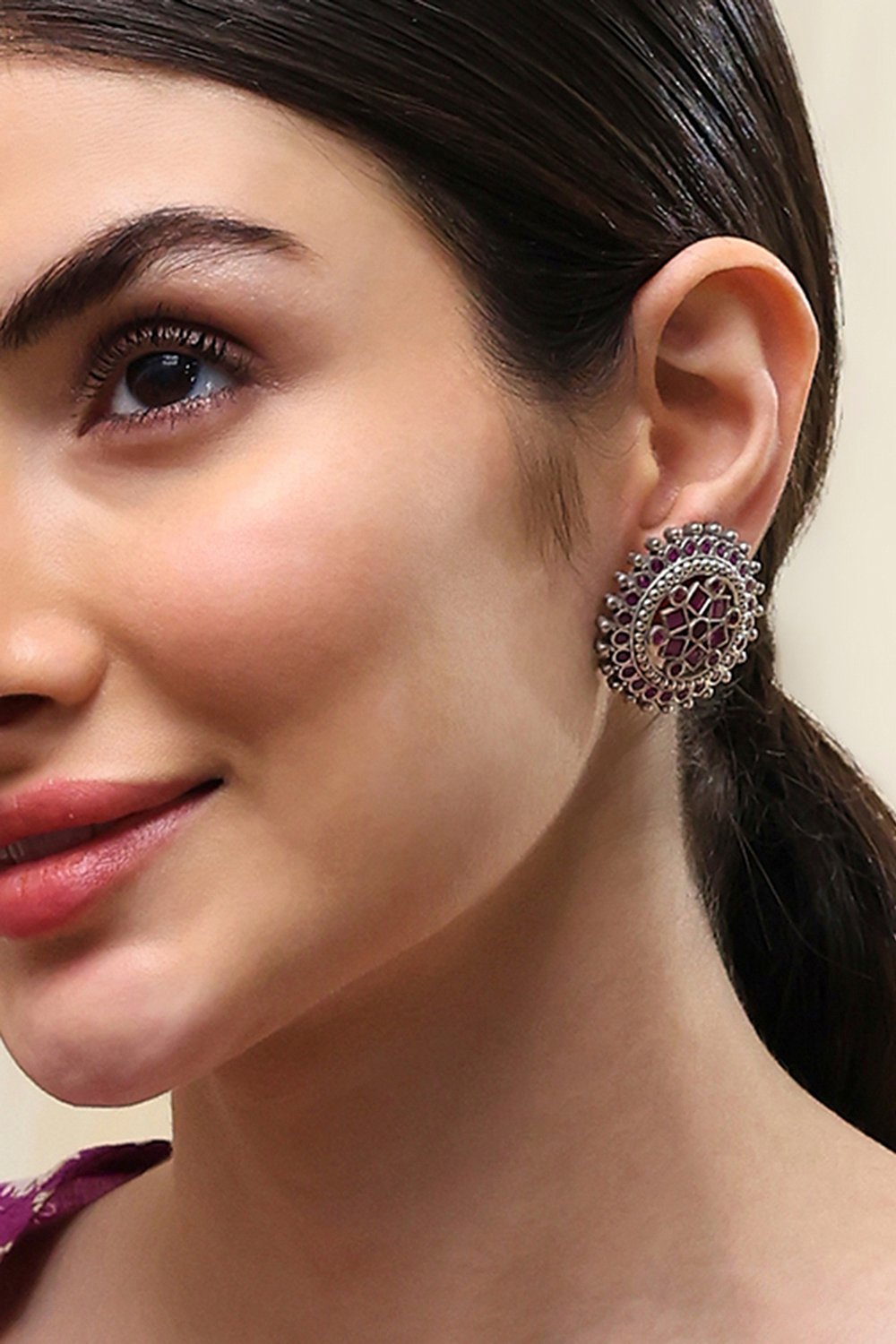 Pink Oxidised Stone-Studded Studs image number 1