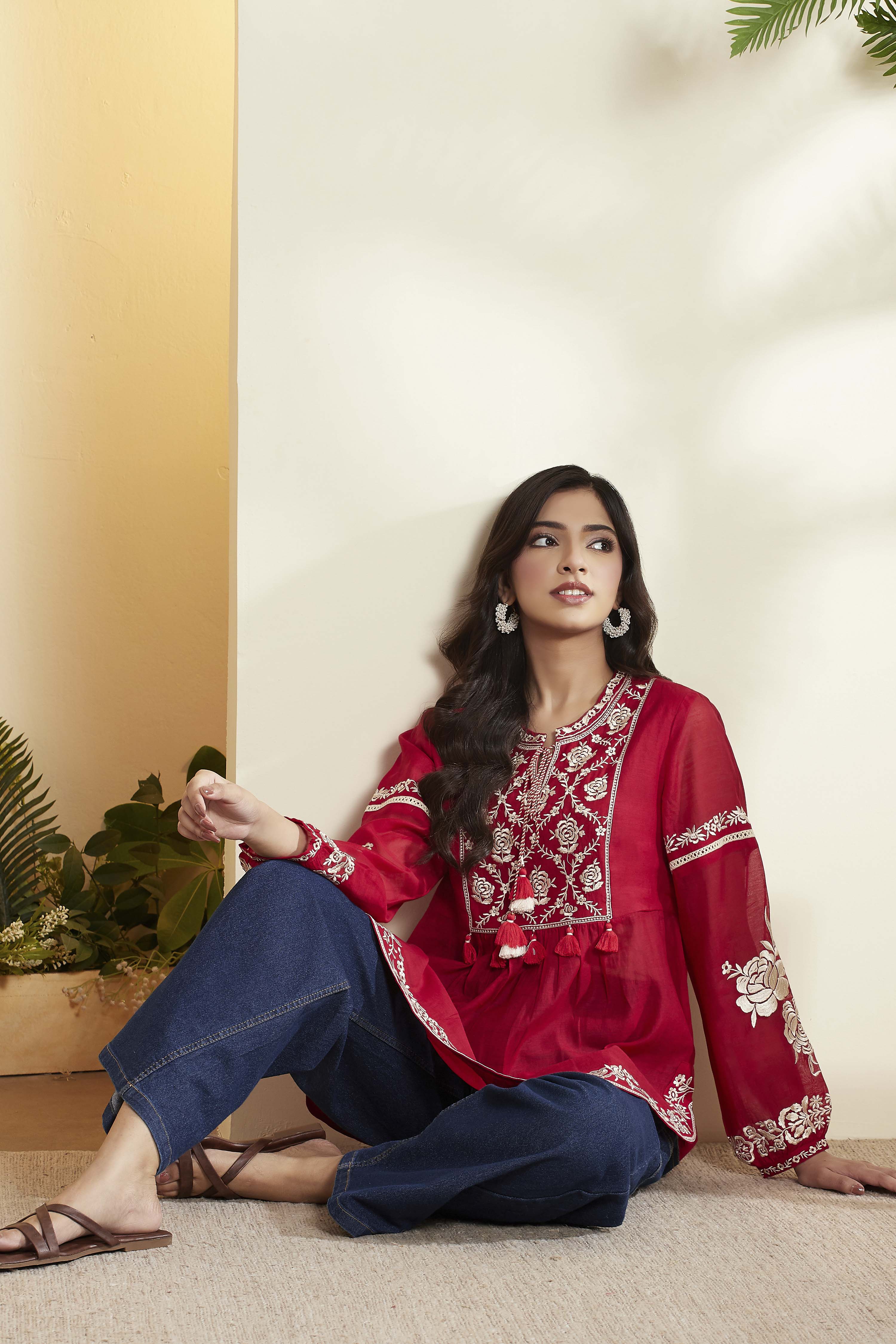 Red Cotton Silk Embroidered Full Sleeve Kurti image number 0