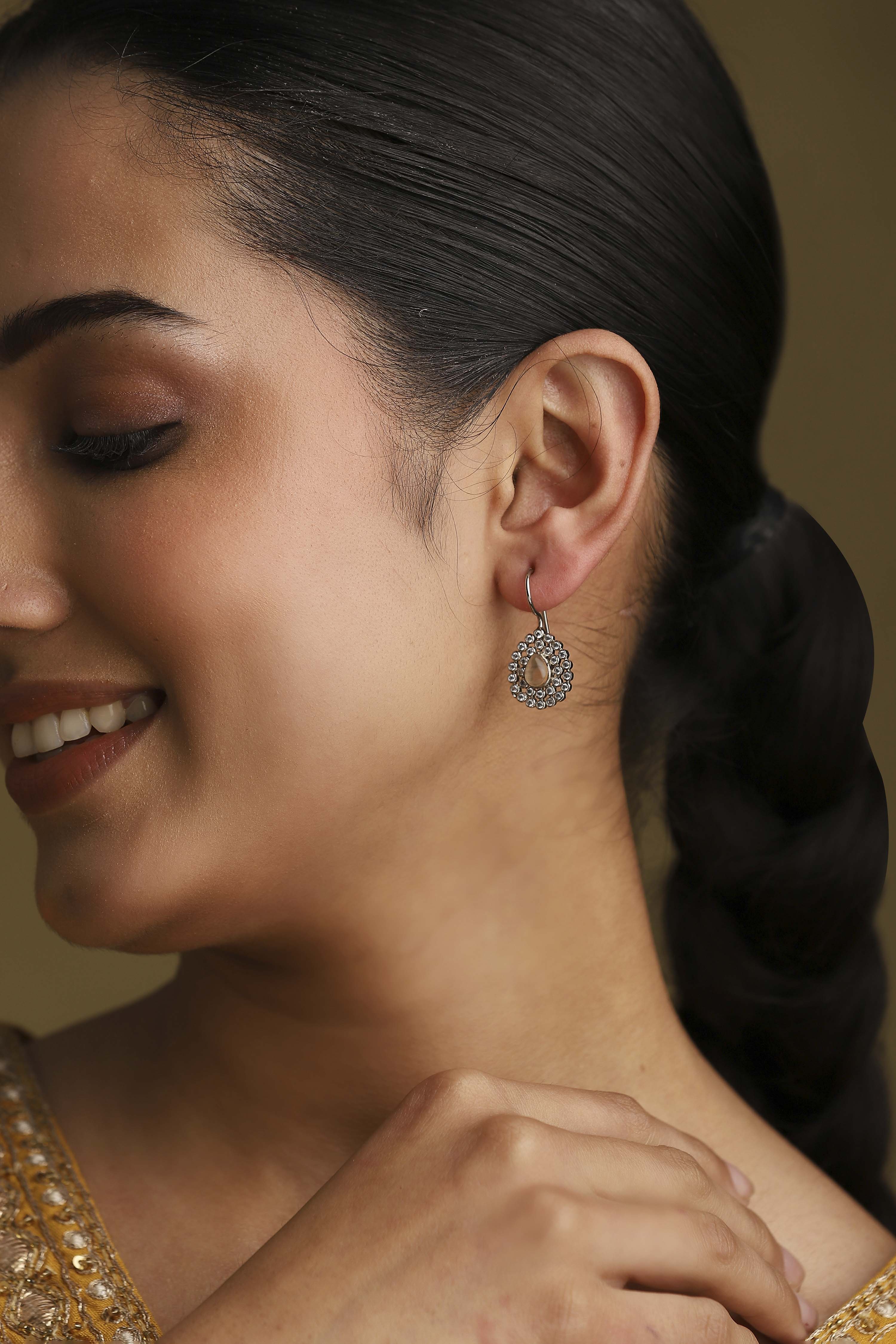 Beige Silver Plated Brass Studded Drop Earrings image number 1
