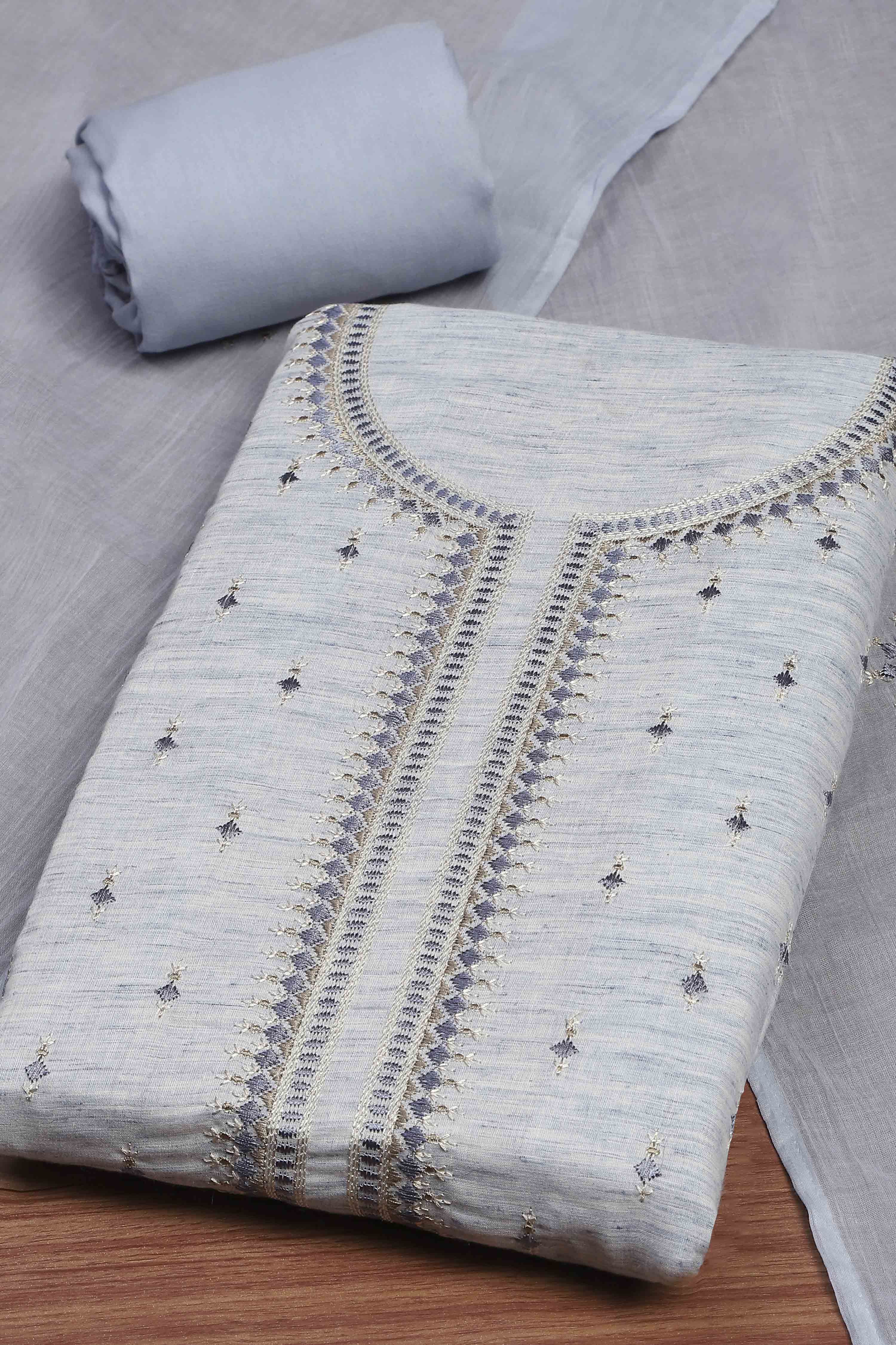 Blue Cotton Unstitched Suit Set image number 1
