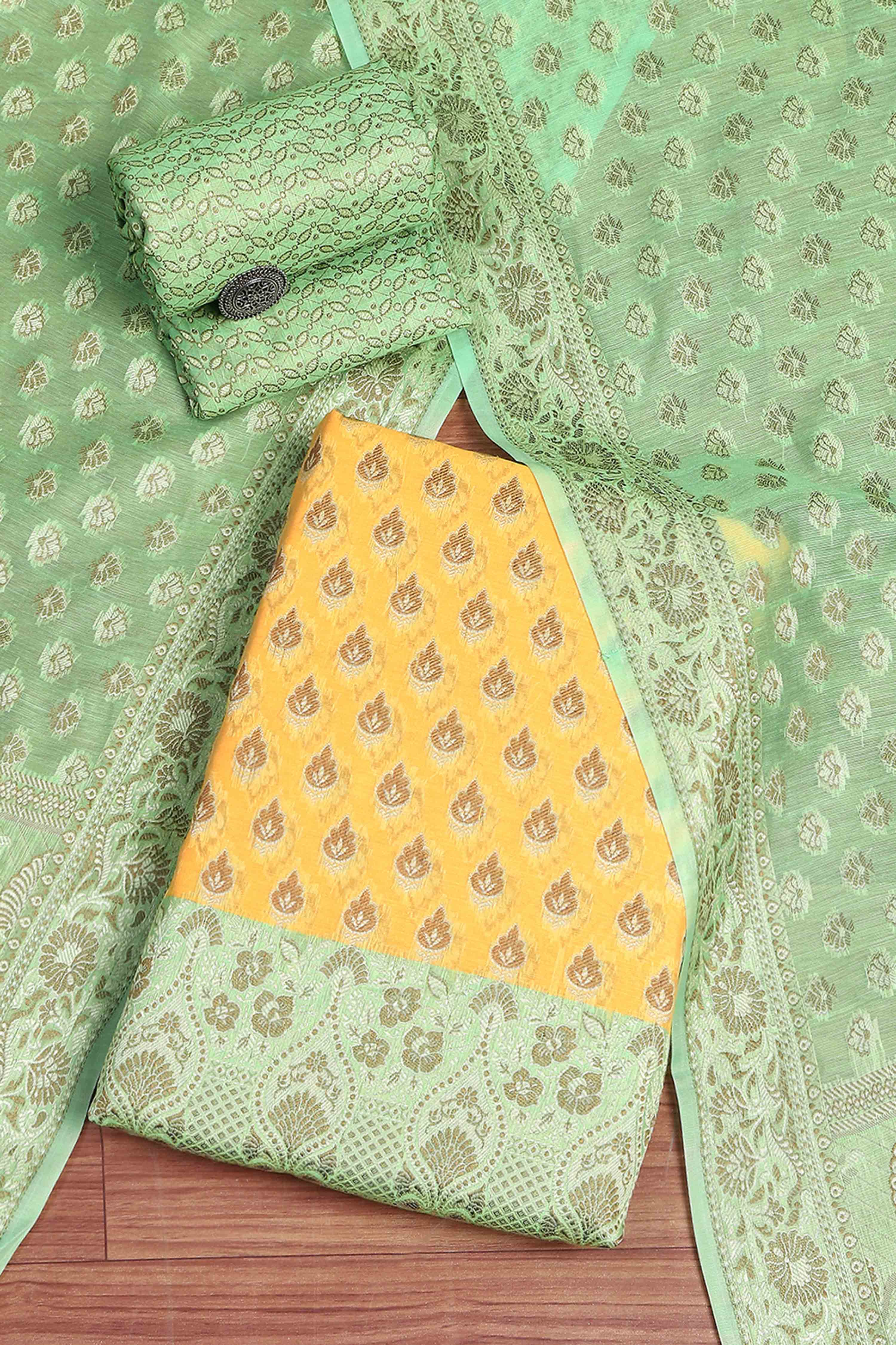 Mustard Poly Cotton Banarasi Unstitched Suit Set image number 0
