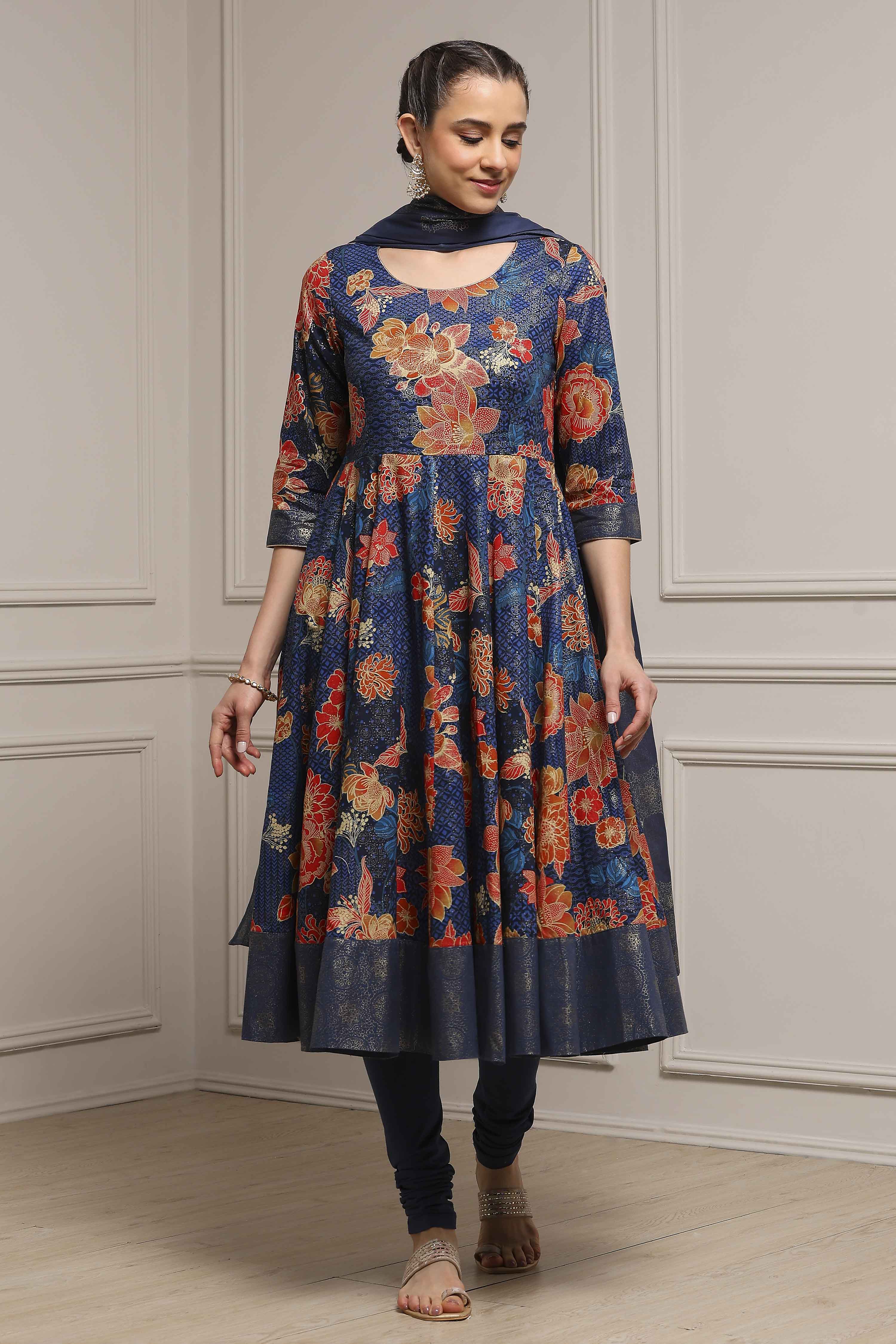 Navy Cotton Anarkali Printed Suit Set image number 6