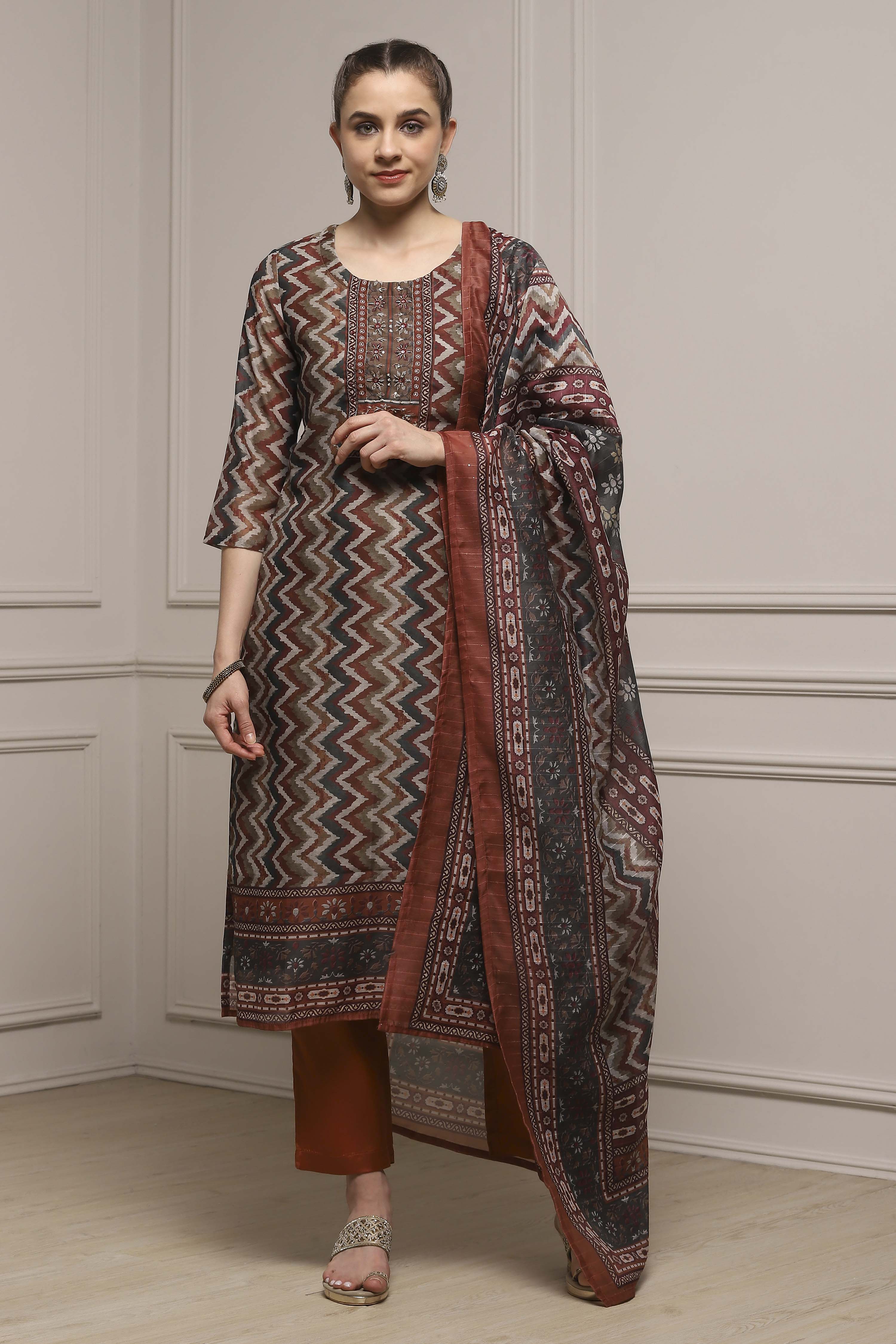 Orange Chanderi Blend Printed Embroidered Unstitched Suit Set image number 1