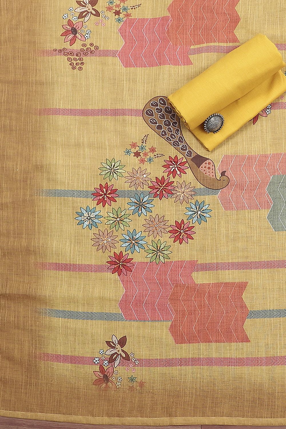 Navy Blue Chanderi Printed Unstitched Suit Set image number 3