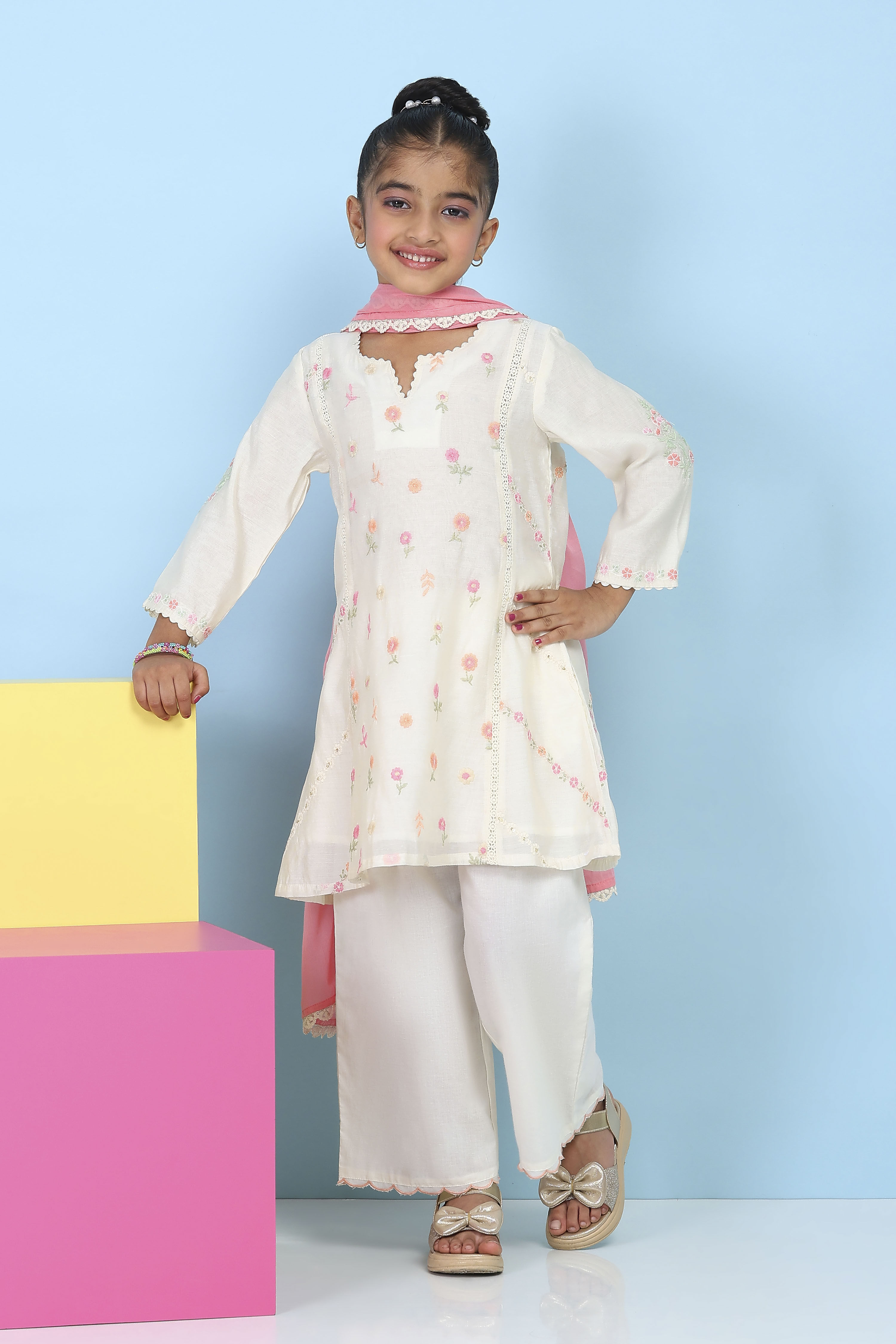 White Poly Chanderi Floral Printed A-Line Suit Set image number 6