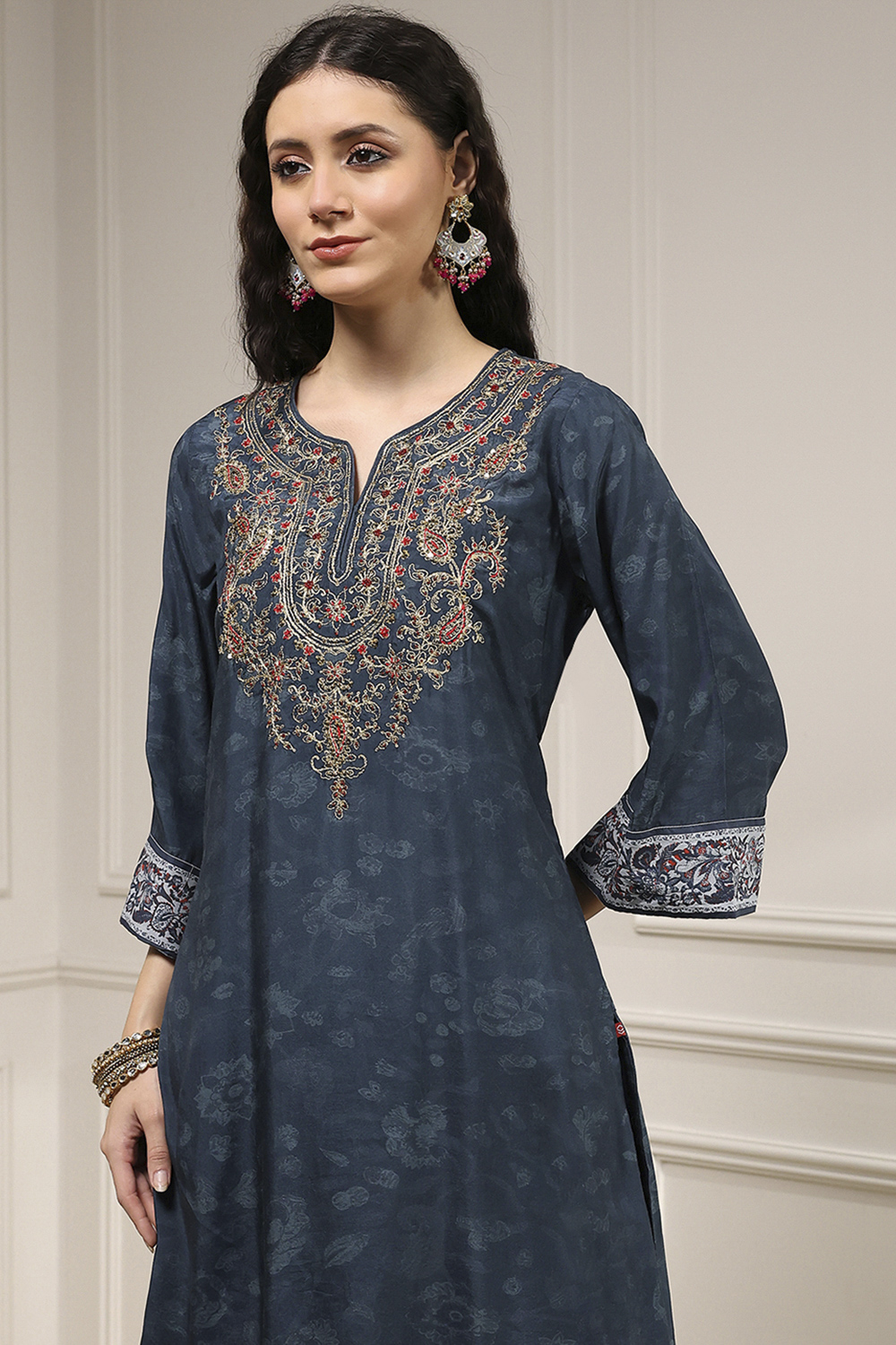 Teal Blue Blended Straight Printed Suit Set image number 1
