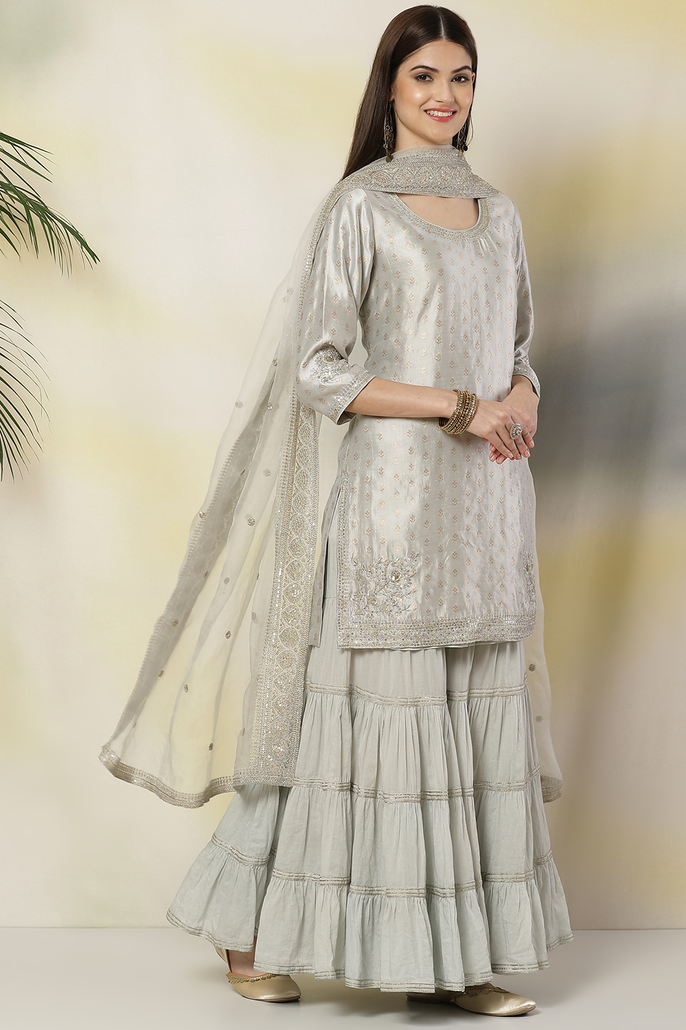 Powder Blue Poly Metallic Straight Suit Set image number 6