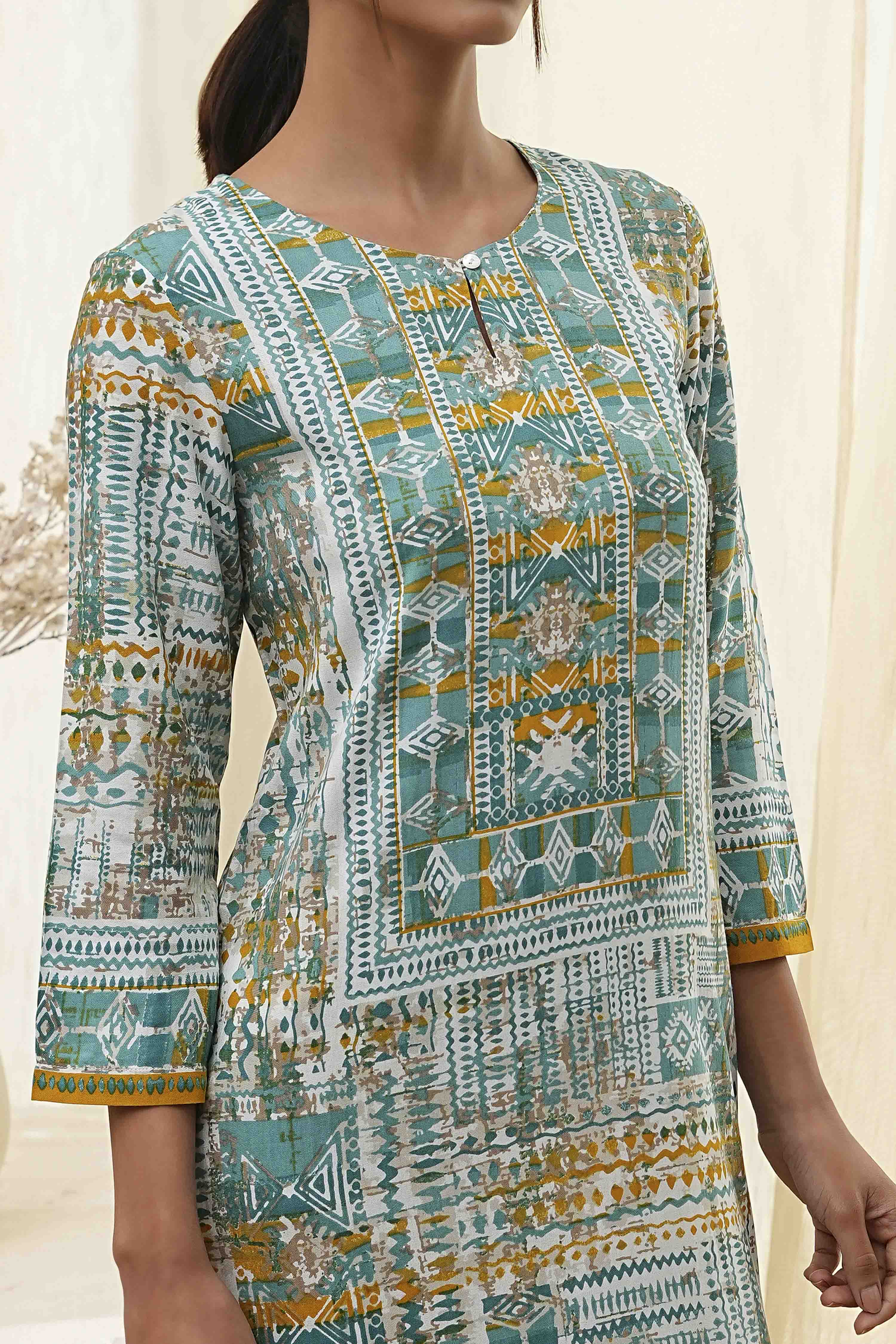 Teal Printed Straight Kurta image number 1