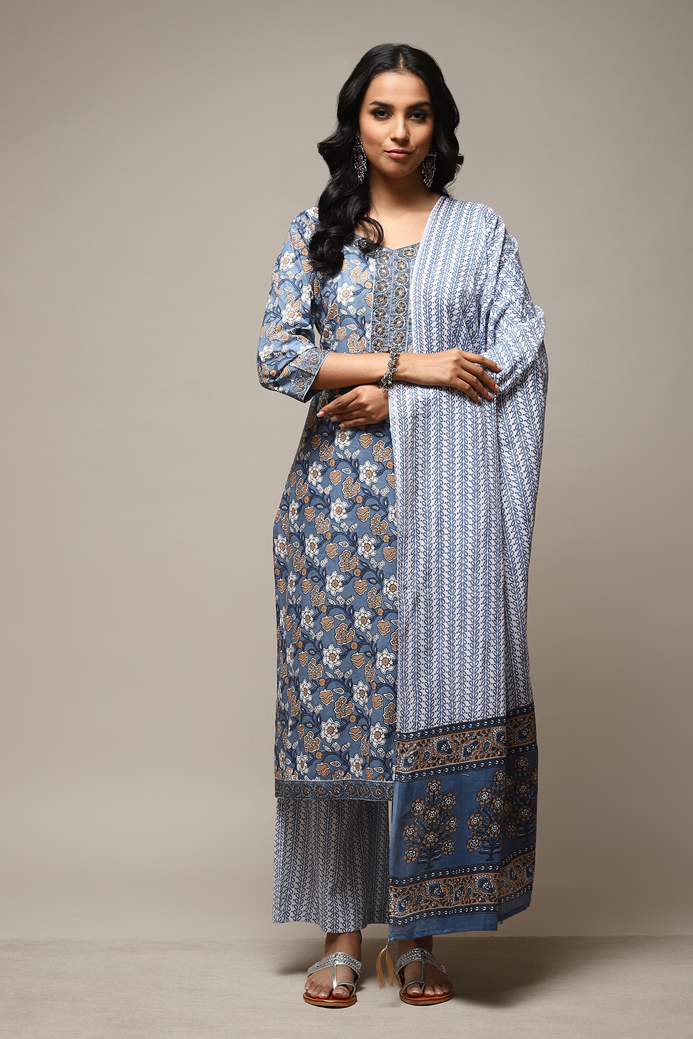 Indigo Cotton Hand Block Print Unstitched Suit Set image number 8