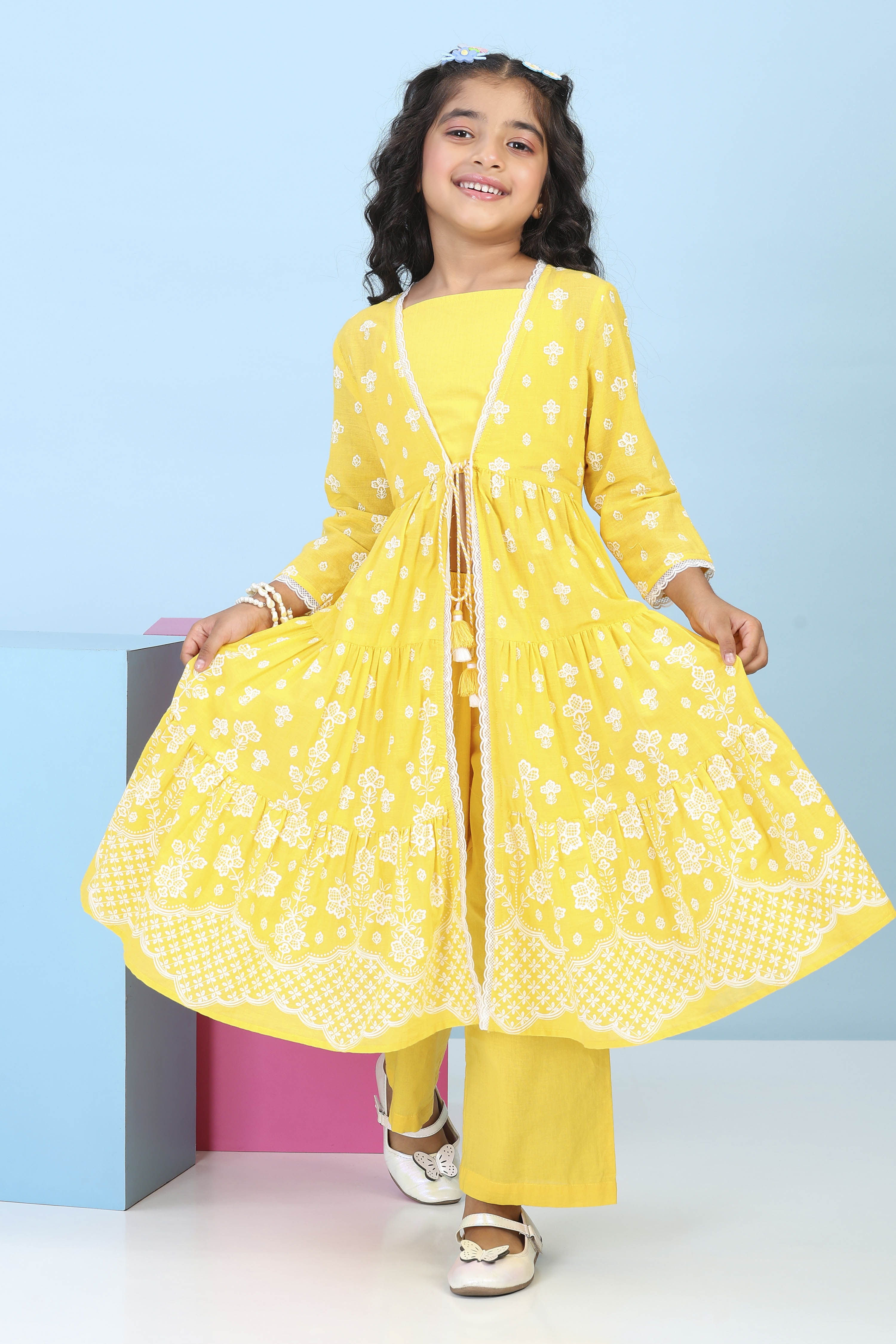 Yellow Cotton Printed Straight Suit Set image number 7