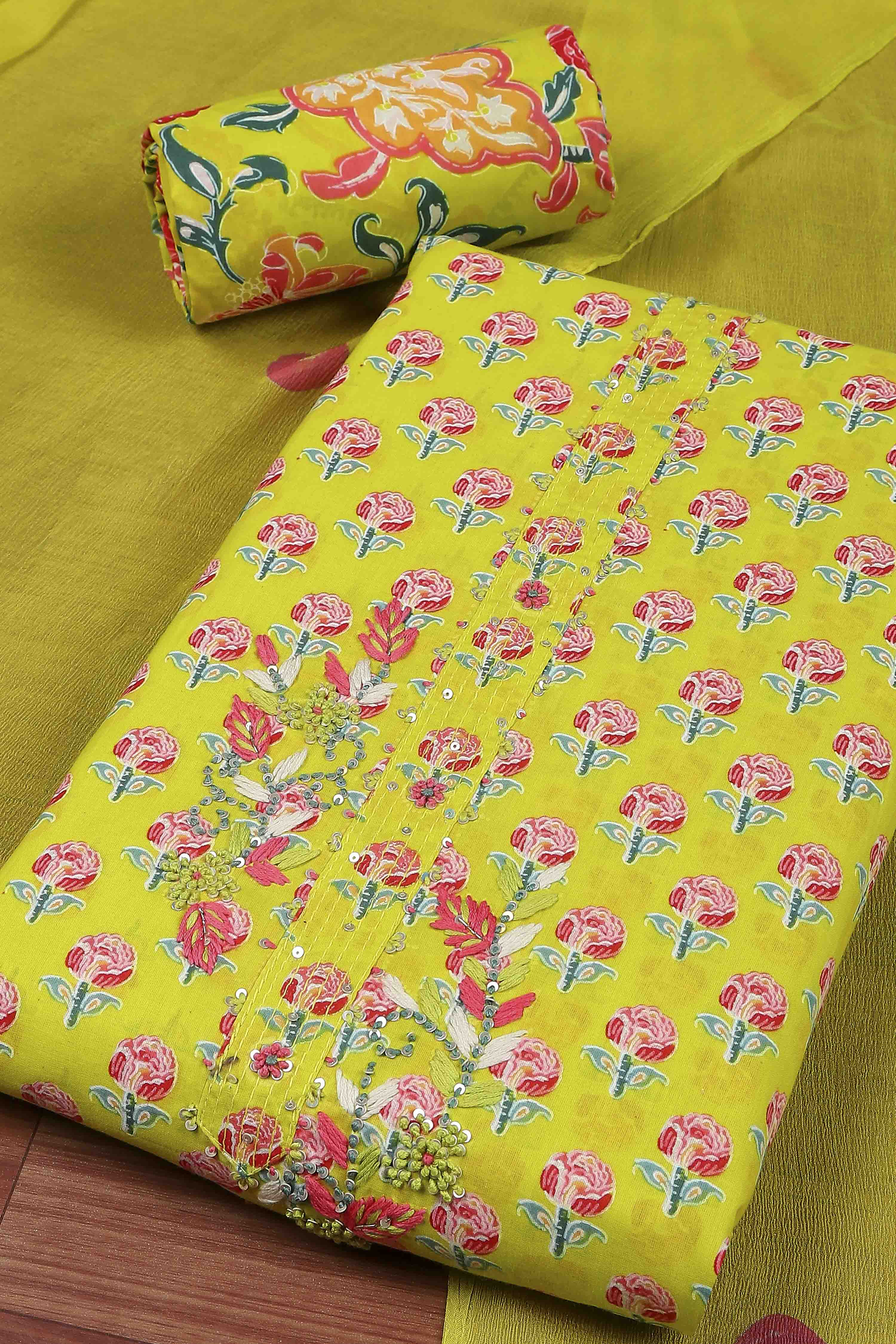 Lime Green Cotton Printed Embroidered Unstitched Suit Set image number 1