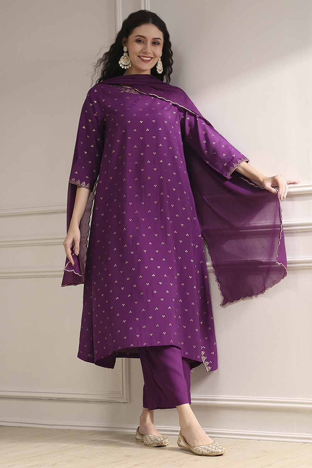 Purple Polyseter Blend Straight Printed Fusion Set image number 0