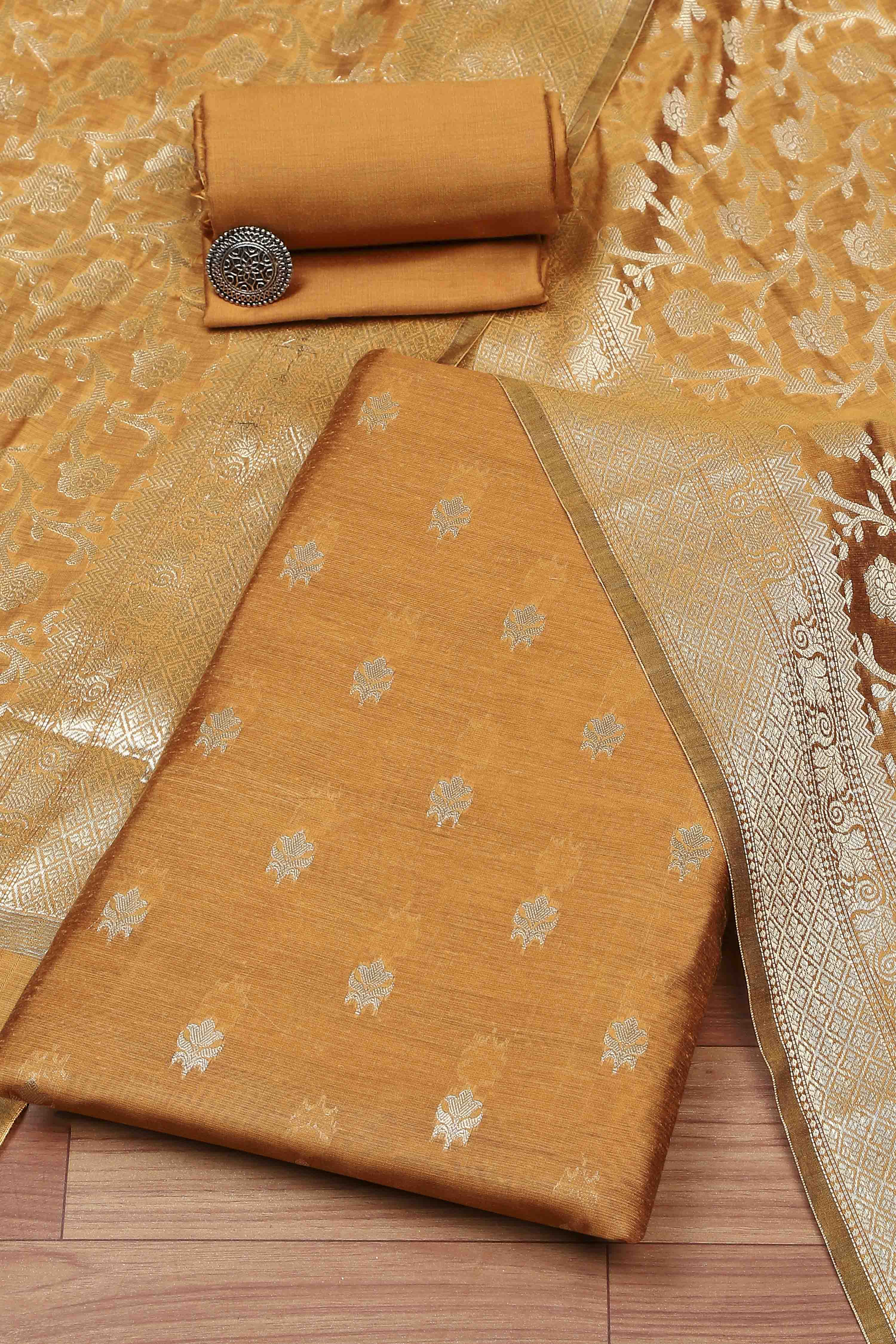 Mustard Cotton Printed Embroidered Unstitched Suit Set image number 0