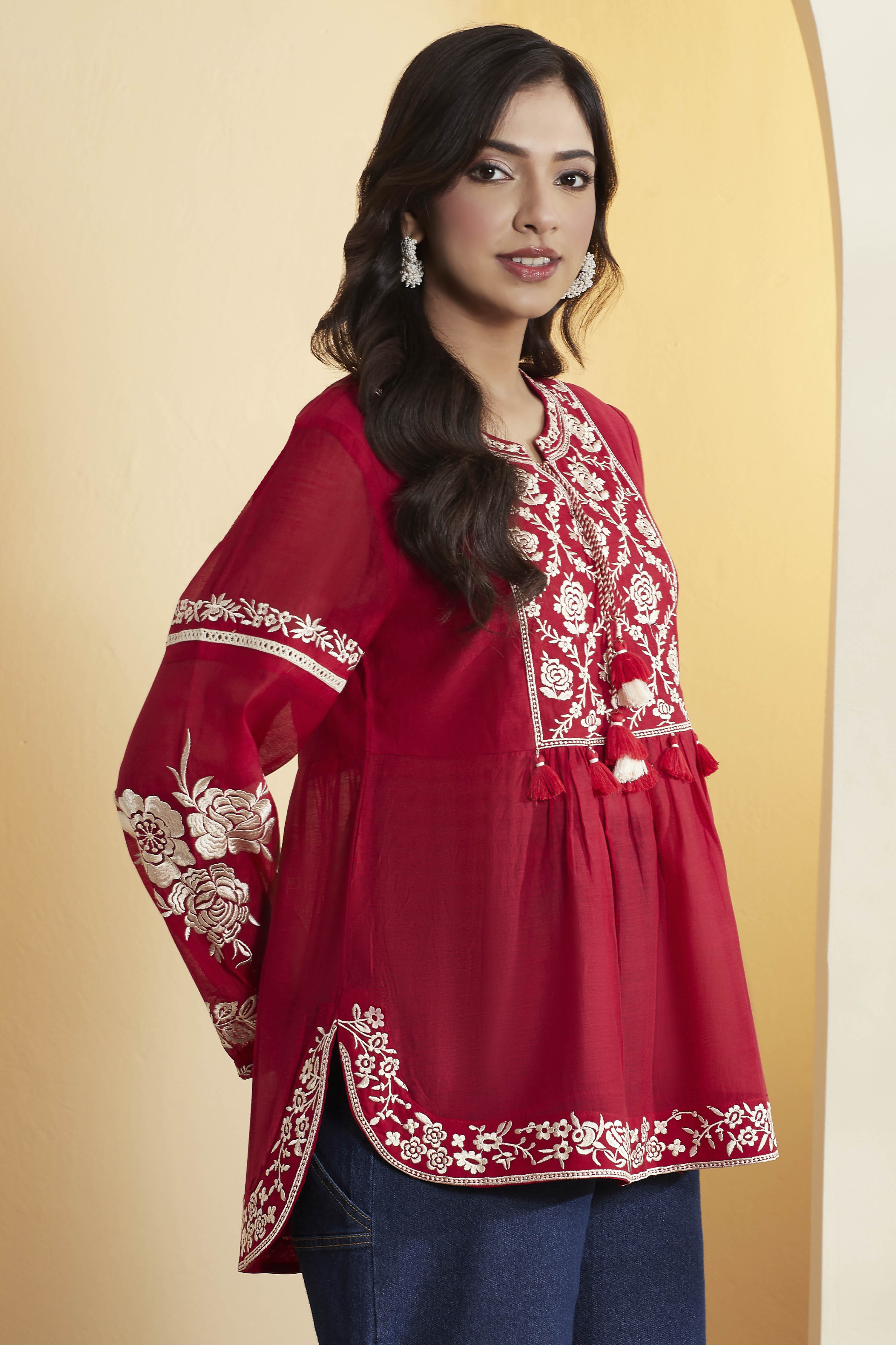 Red Cotton Silk Embroidered Full Sleeve Kurti image number 3