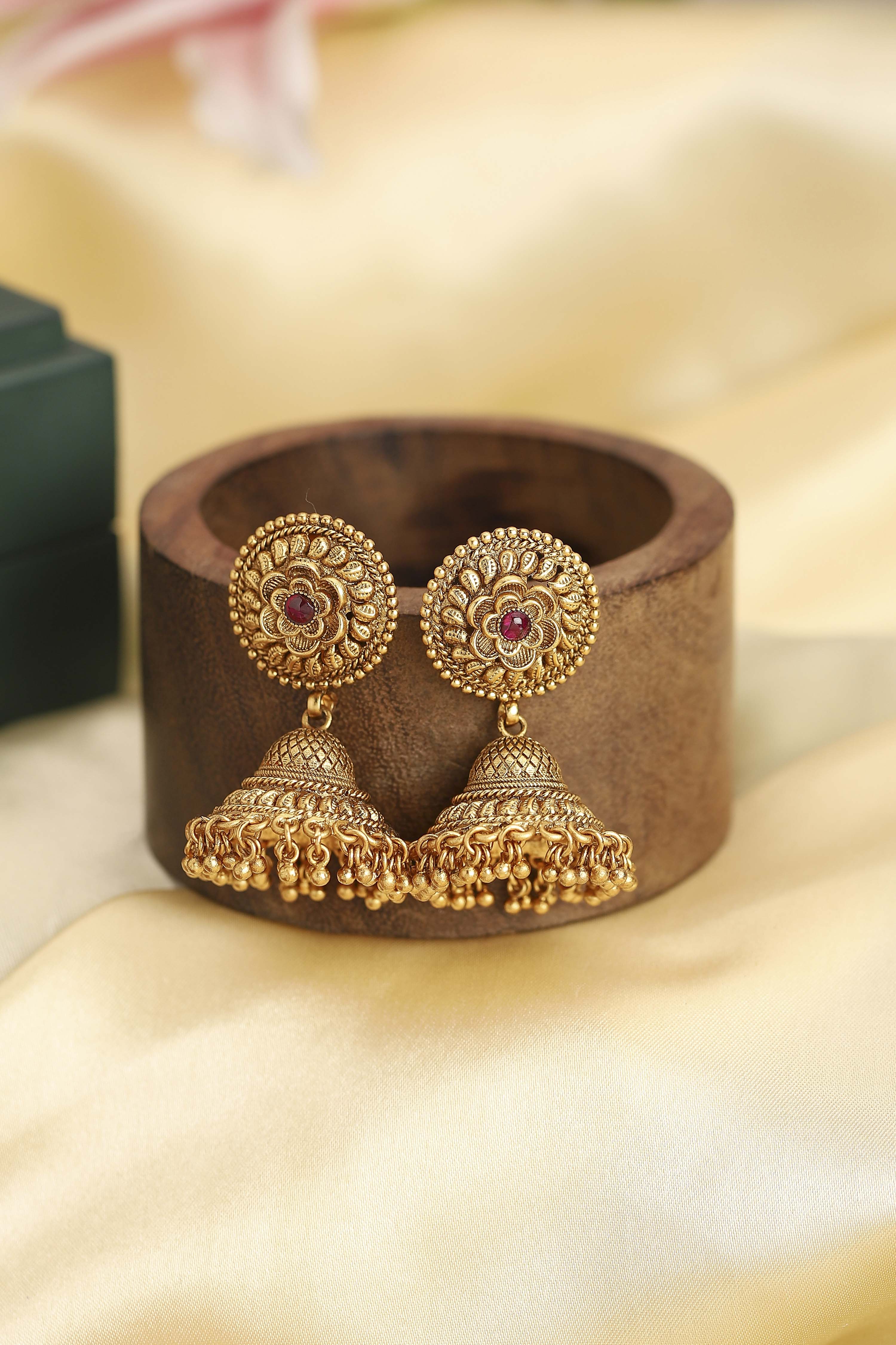 Red Gold Plated Minimal Stone Studded Jhumkas image number 0