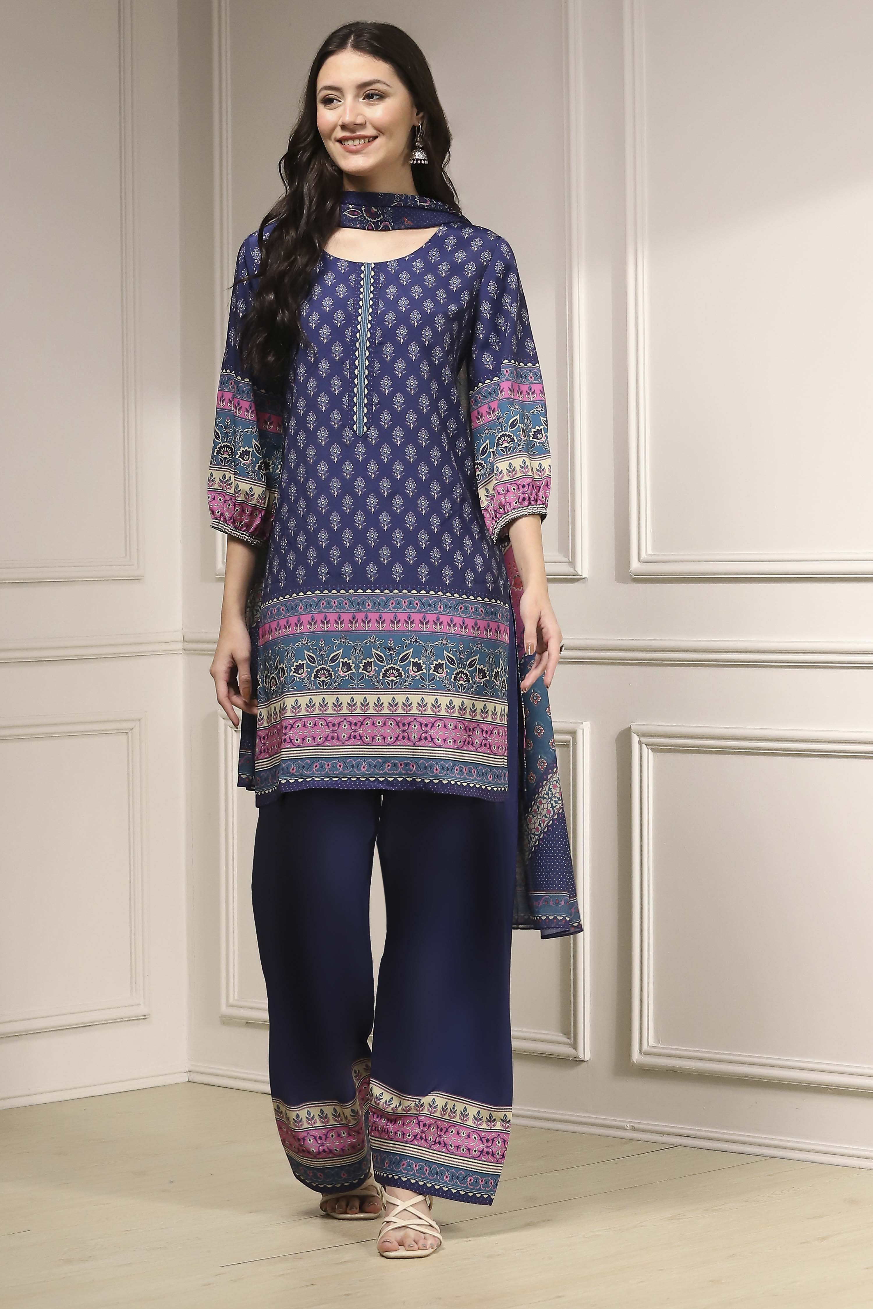 Blue Printed Straight Suit Set image number 6