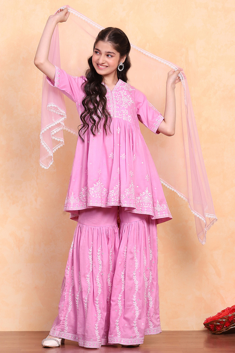Pink Cotton Peplum Suit Set image number 0