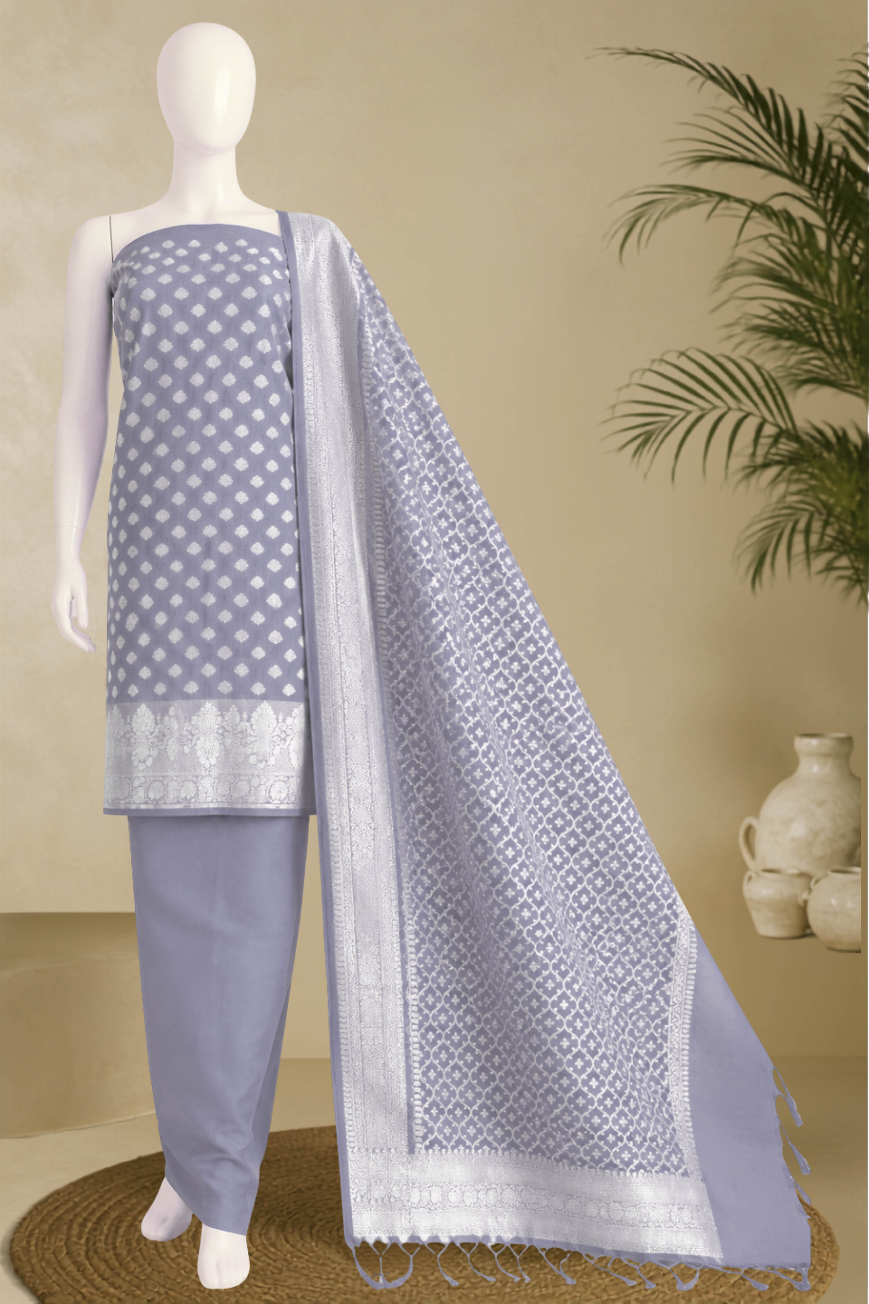 Red Chanderi Silk Printed Unstitched Suit Set image number 5