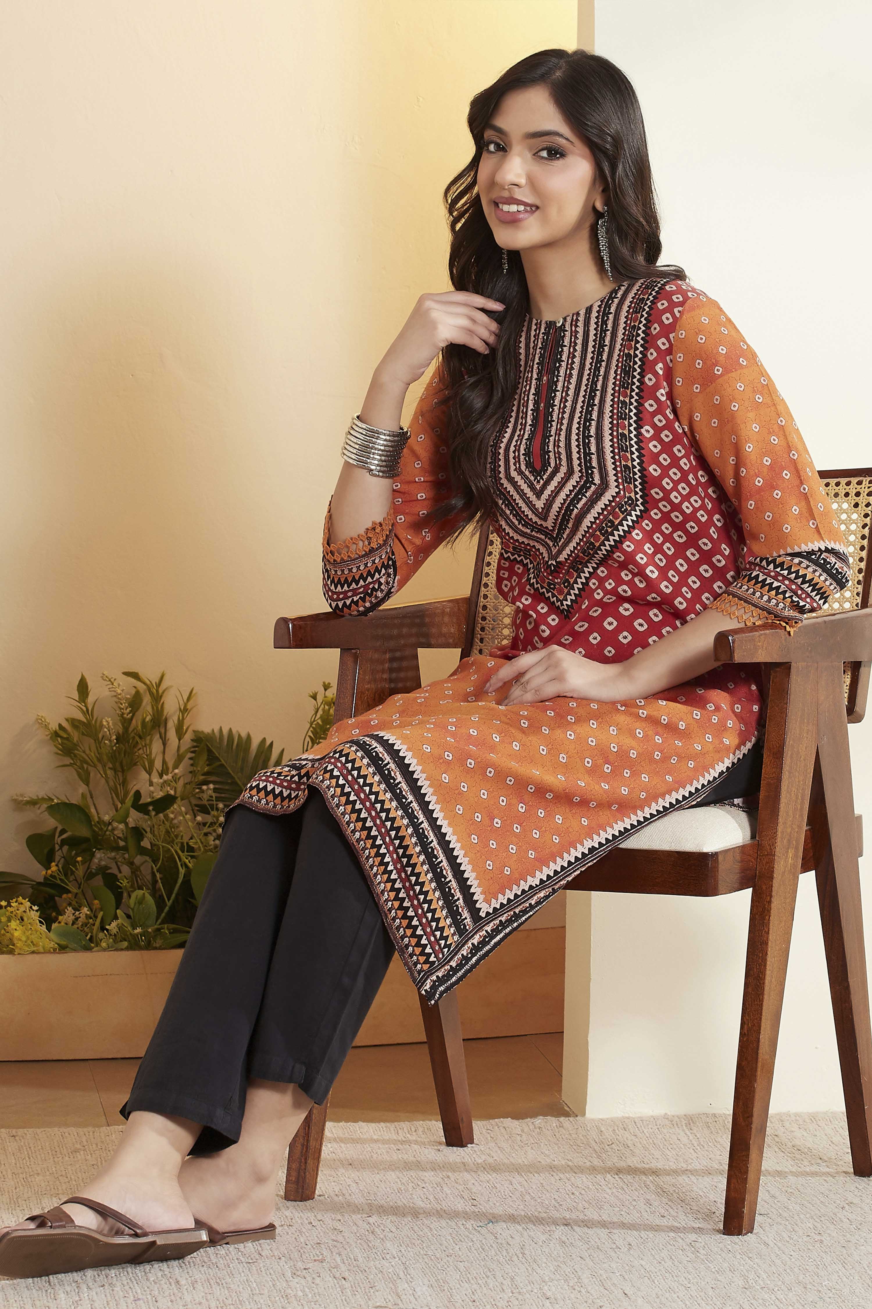 Rust Viscose Rayon Geometric Printed A-Line Kurta image number 0