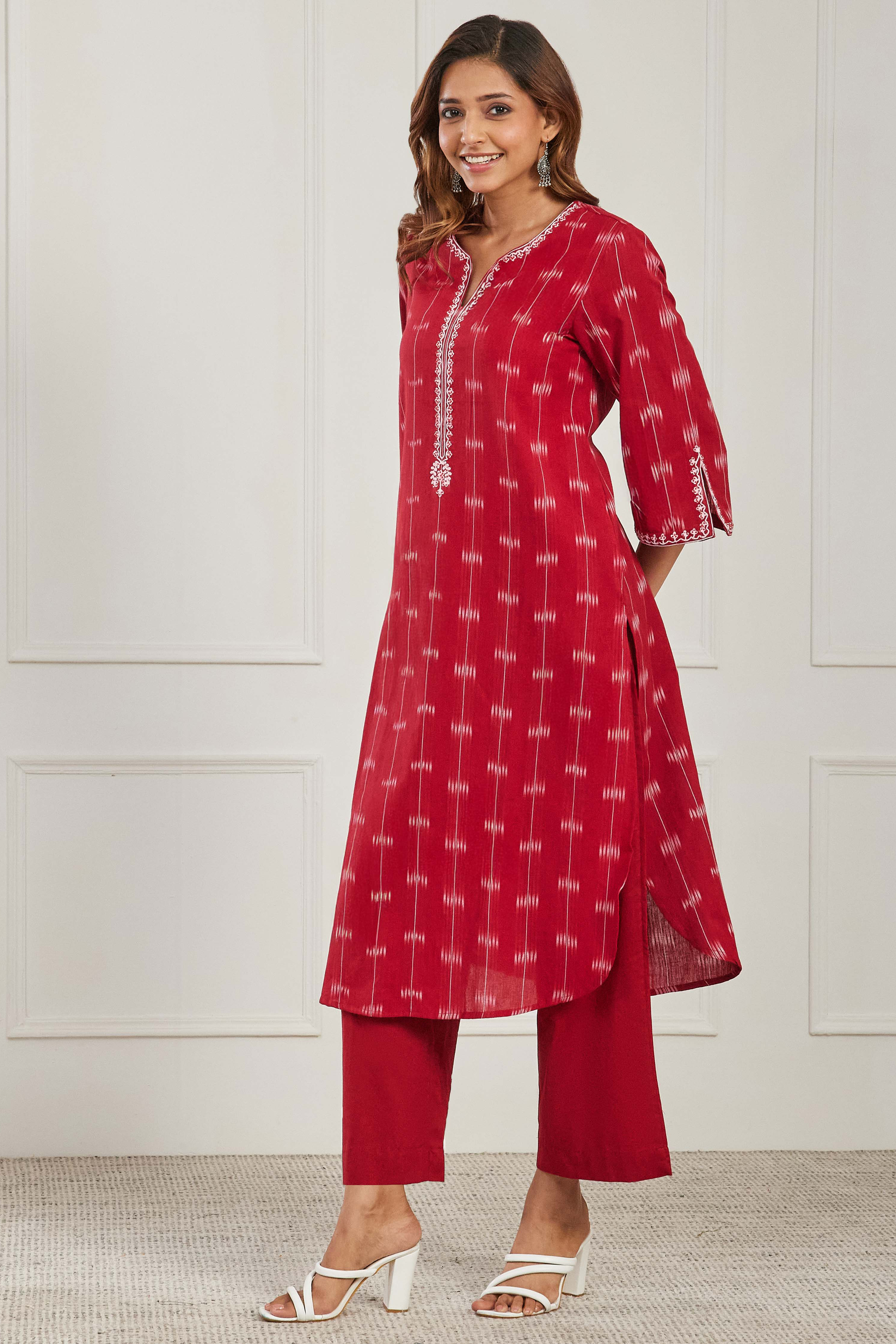 Red Cotton Printed Embroidered A-Line Kurta Set image number 3