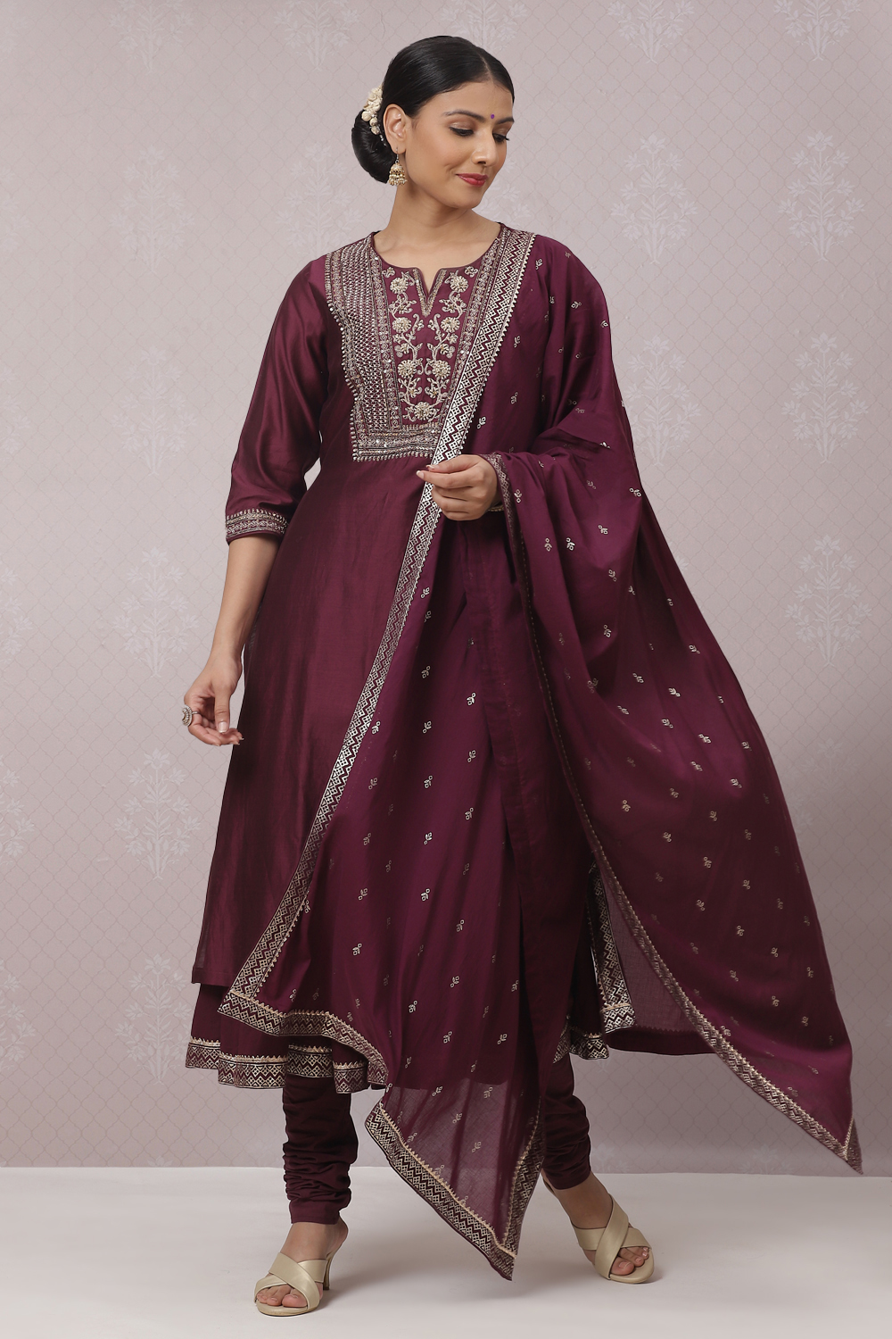 Wine Cotton Silk Flared Kurta Churidar Suit Set image number 0