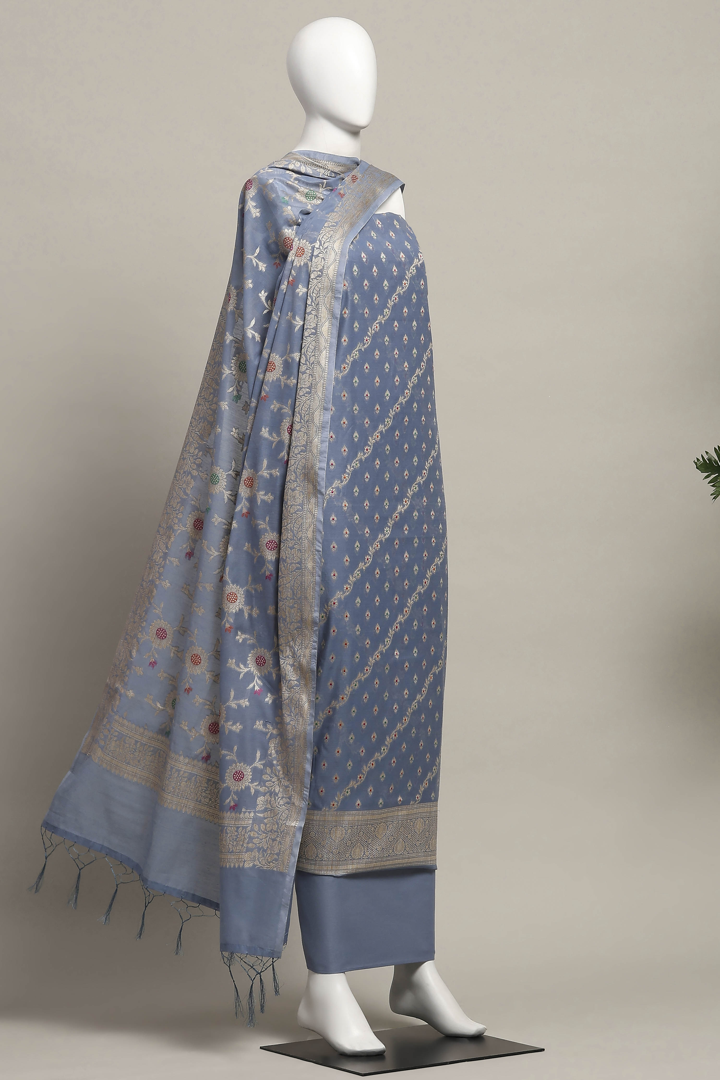 Light Green Cotton Printed Embroidered Unstitched Suit Set image number 4