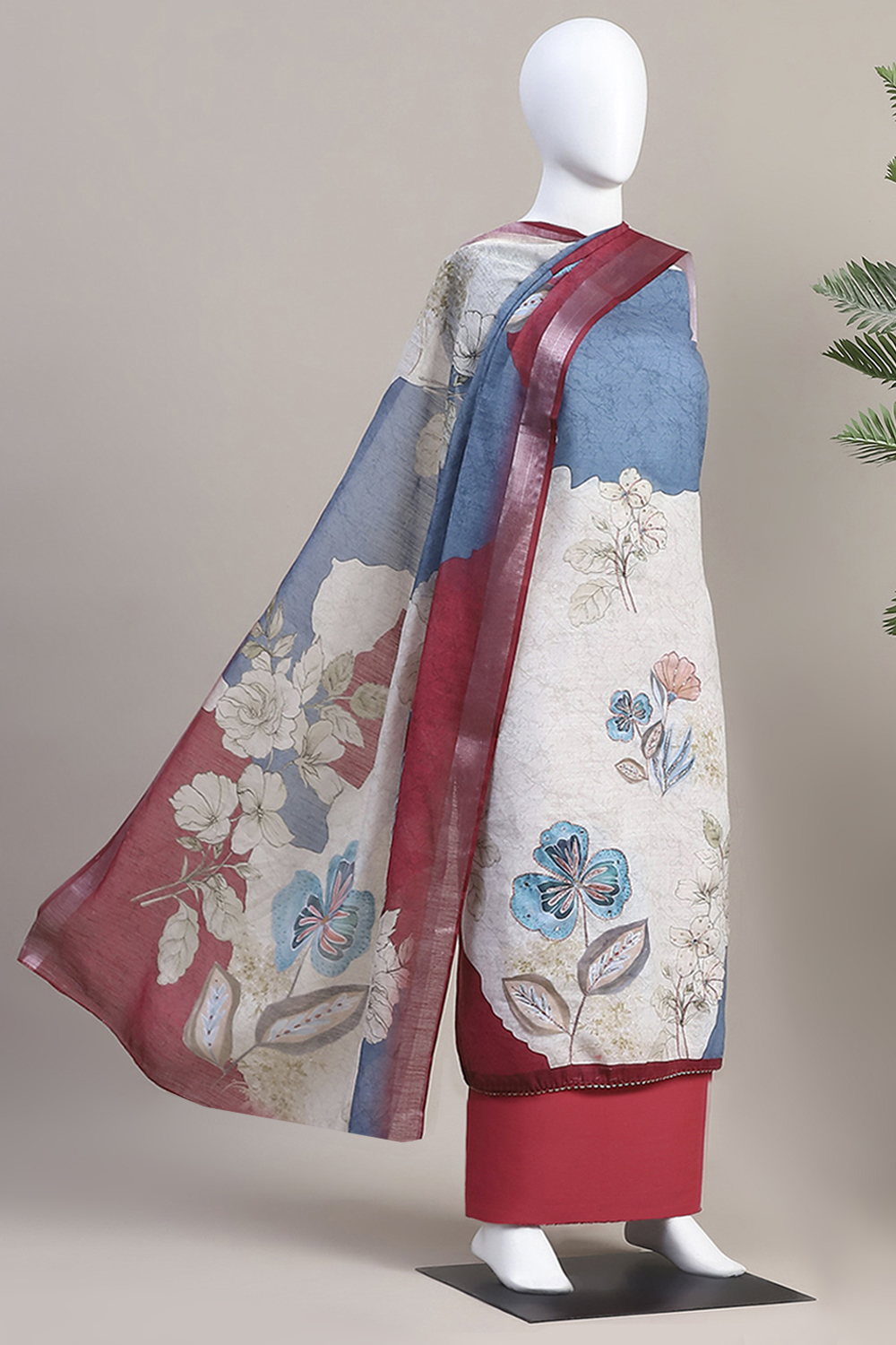 Red Linen Blend Machine Embroidered Unstitched Suit Set image number 4