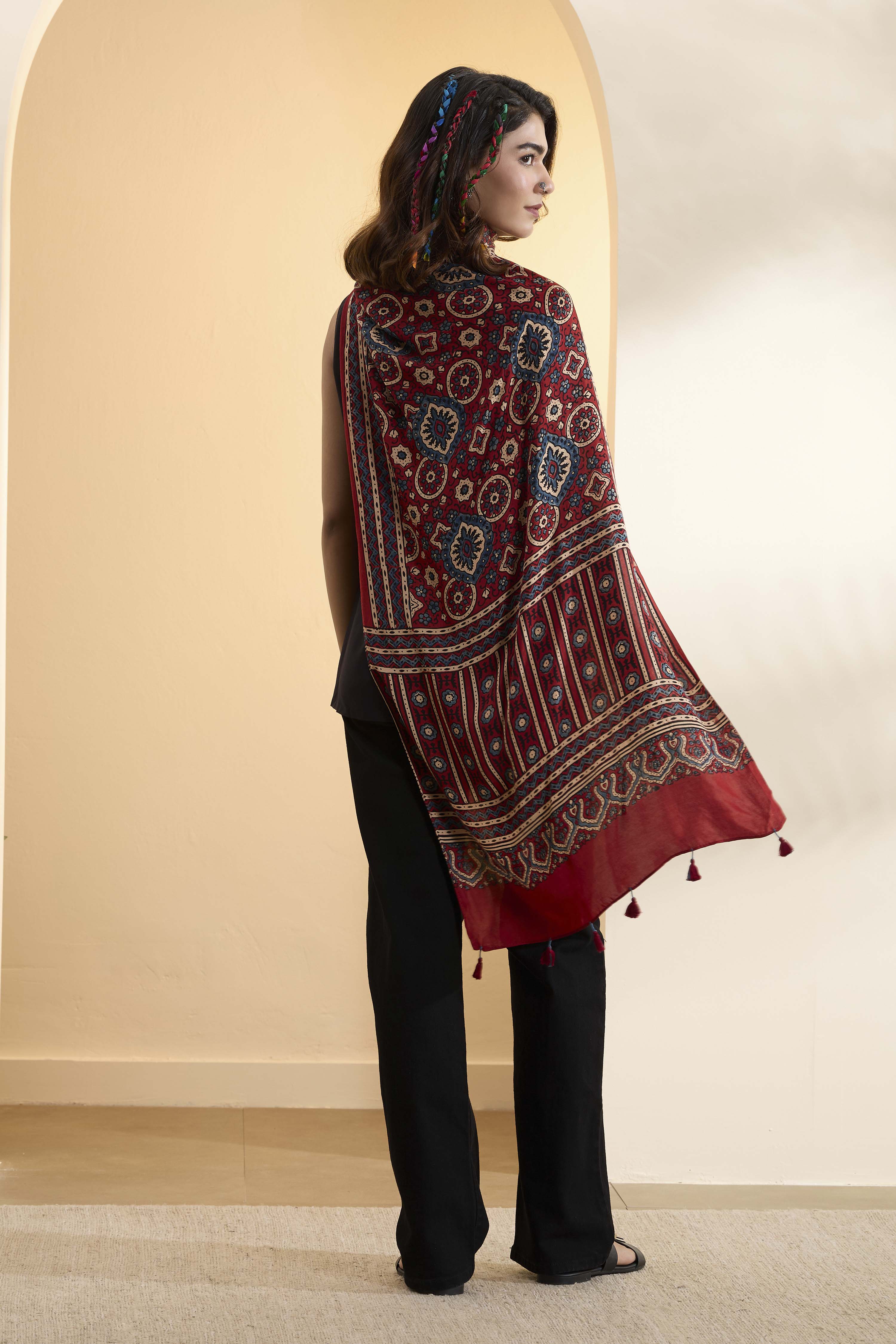 Red Modal Silk Ajrakh Dupatta image number 2