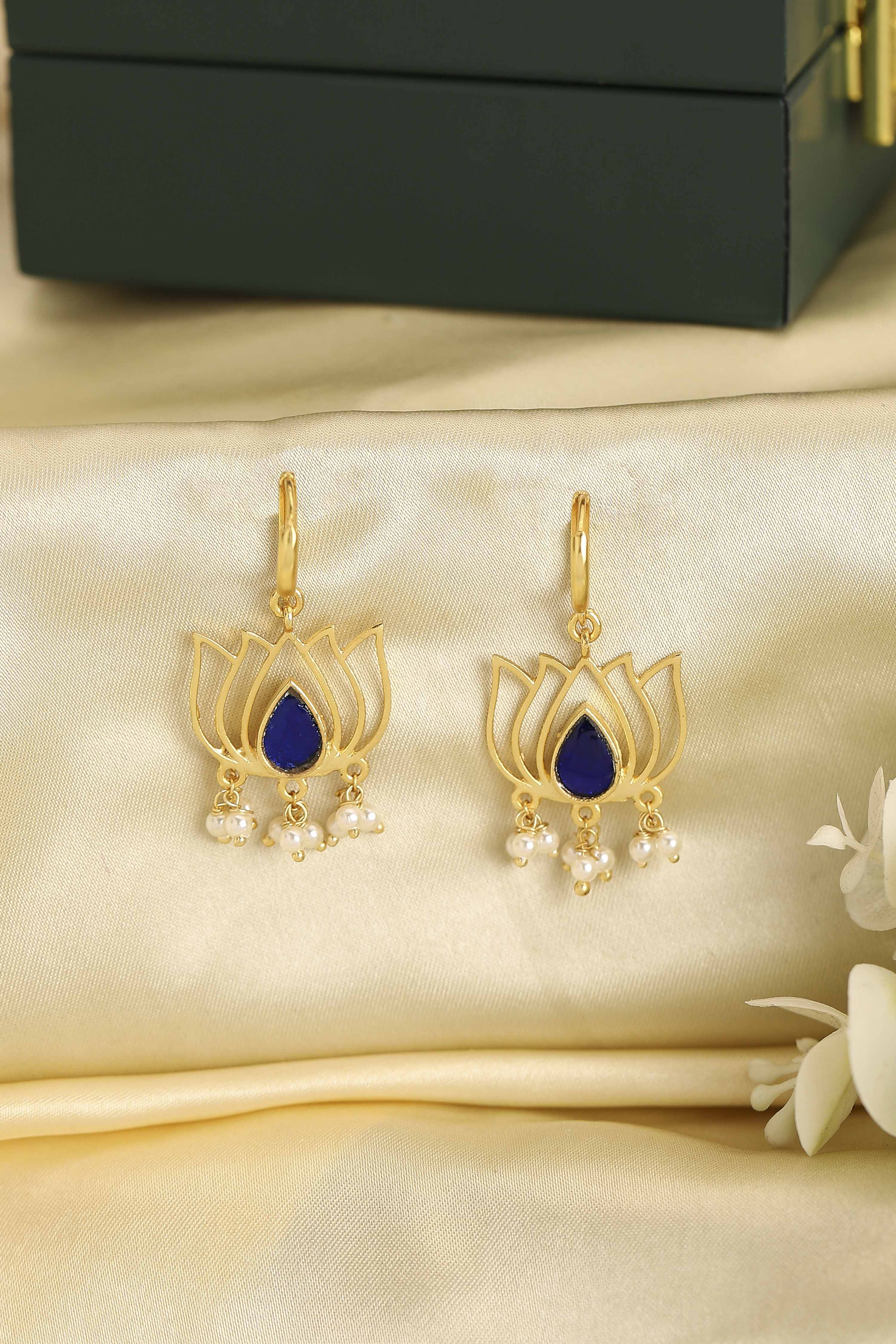Navy Blue Gold Plated Brass Floral Drop Earrings image number 0