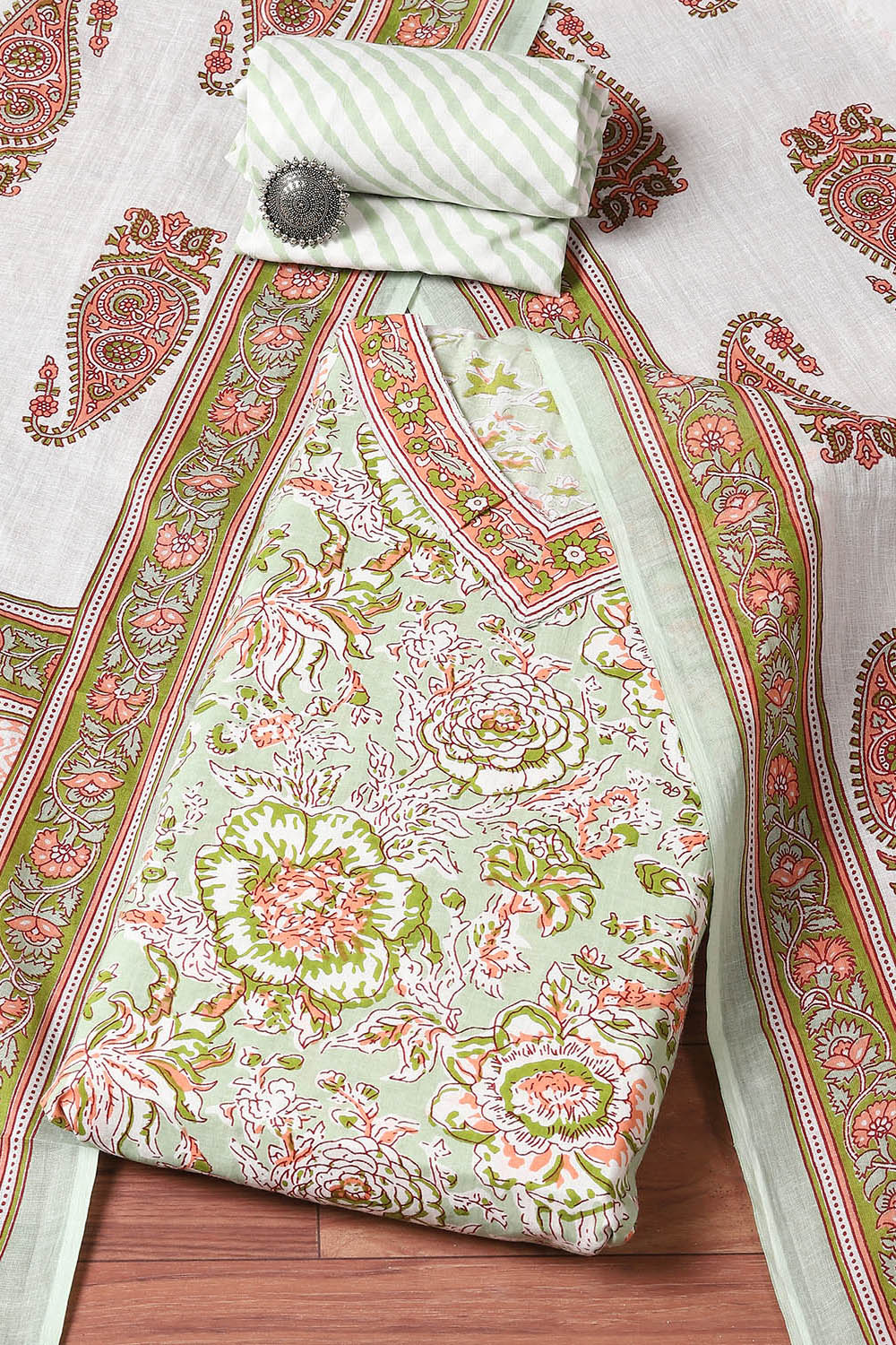 Dull Green Cotton Panelled Unstitched Suit Set image number 0