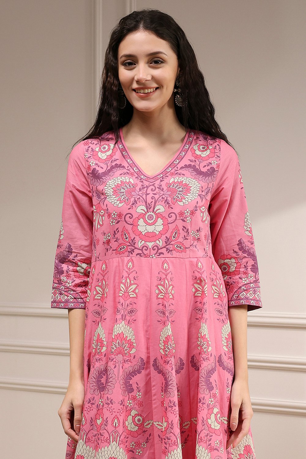 Light Pink Cotton Printed Anarkali Suit Set image number 1