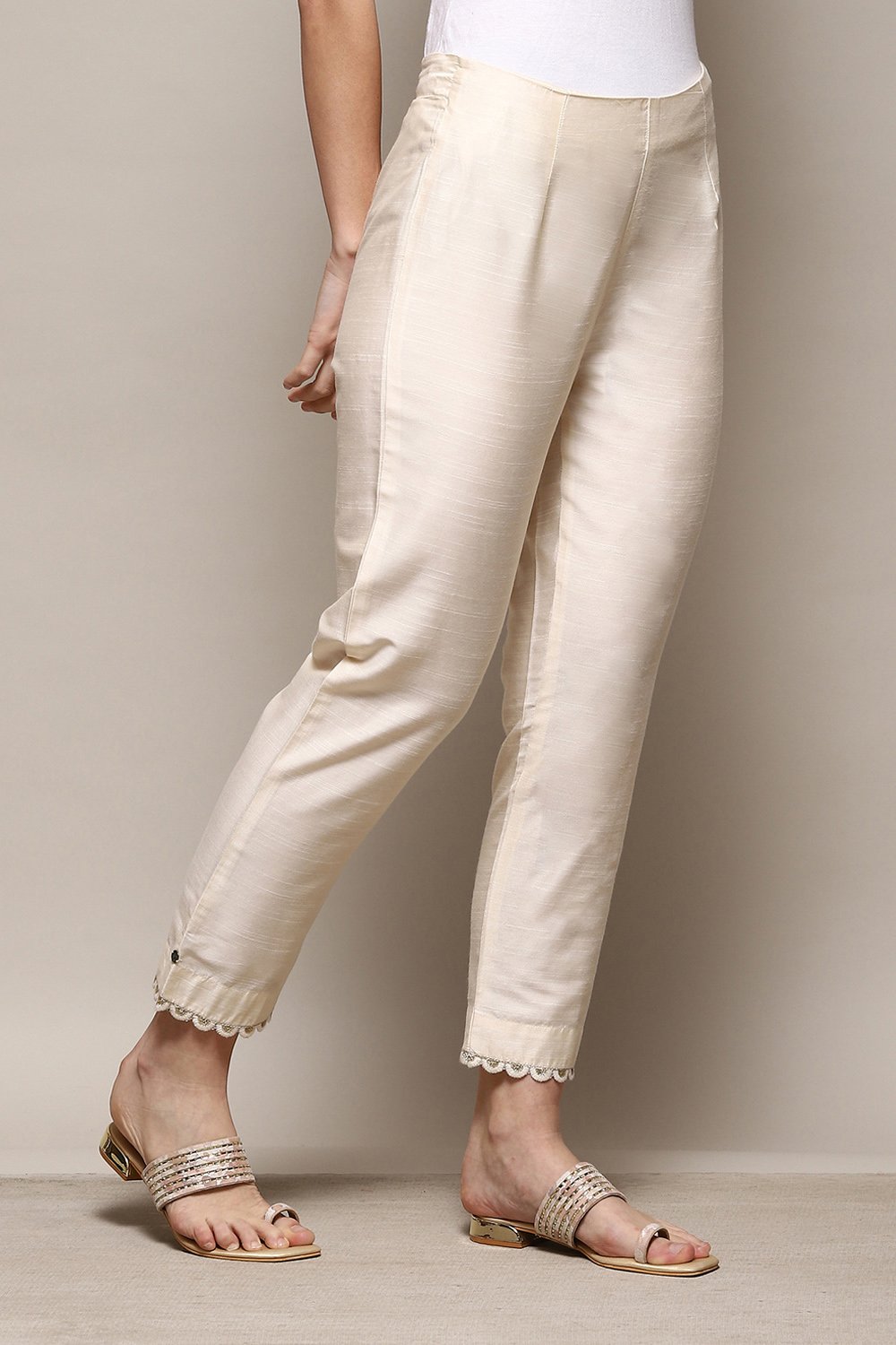 Antique Beige Polyester Slim Yarndyed Pants image number 3