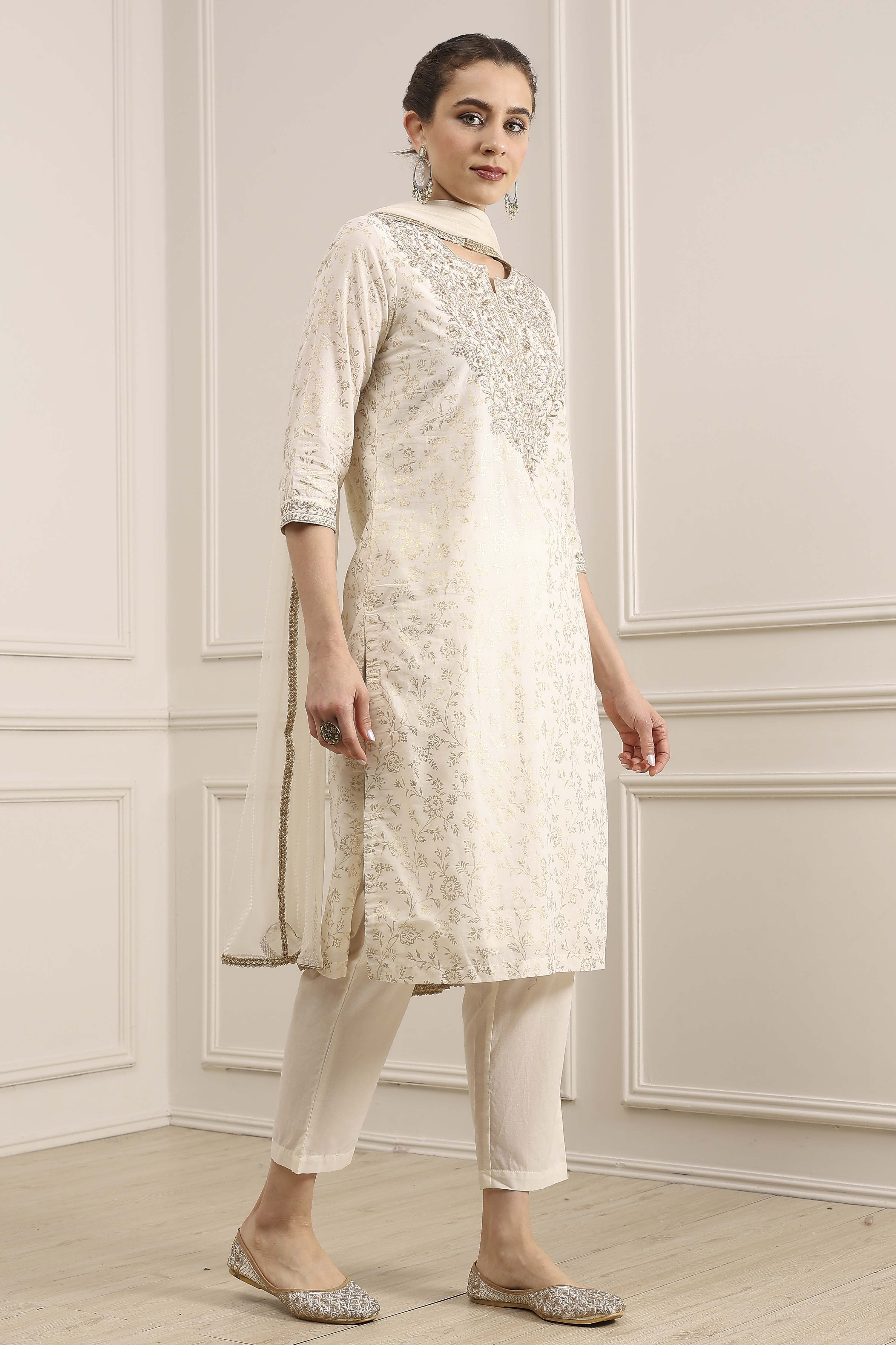 Off-White Cotton Printed Straight Suit Set image number 5