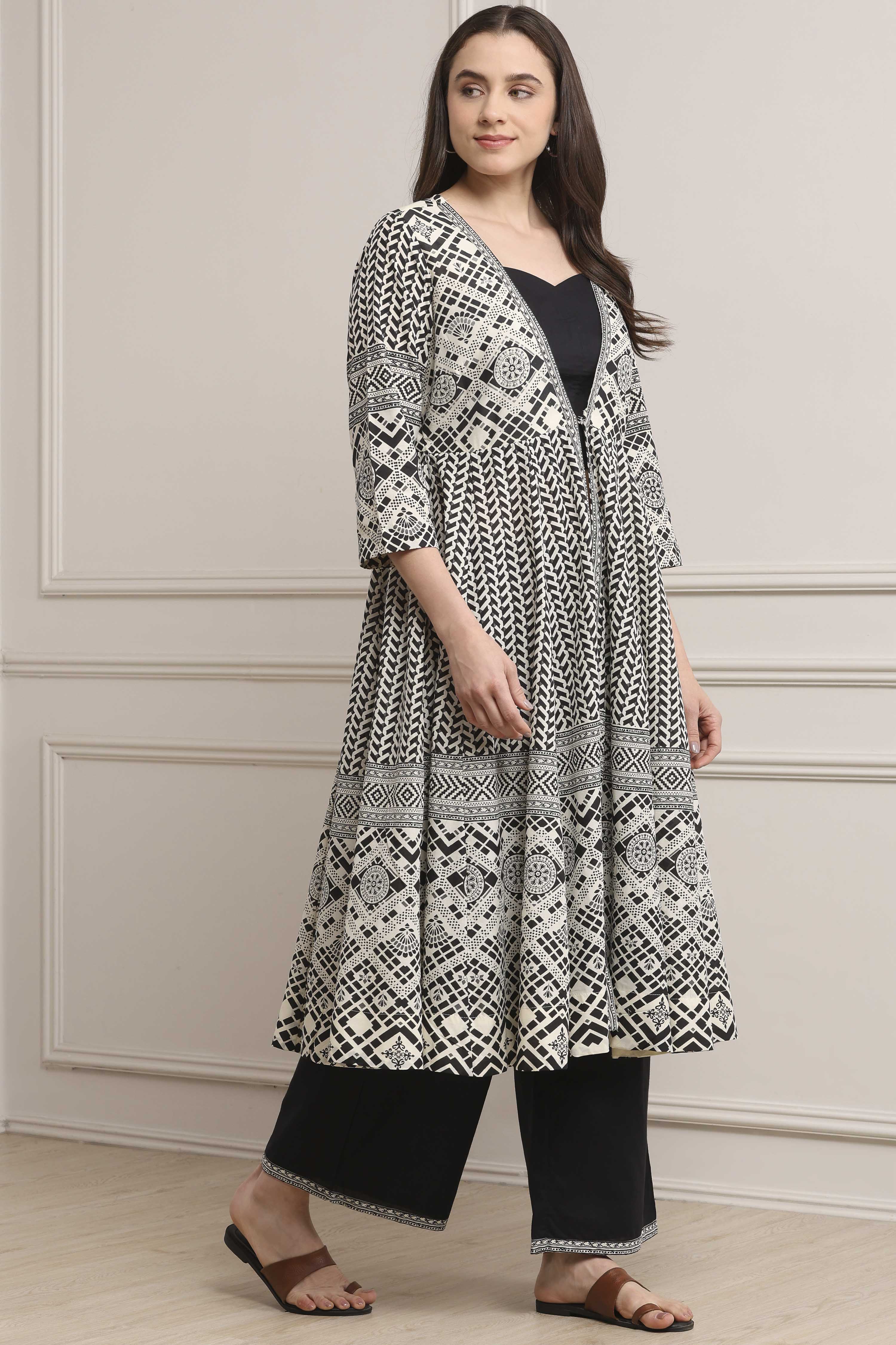 White Cotton Anarkali Fusion Set image number 6