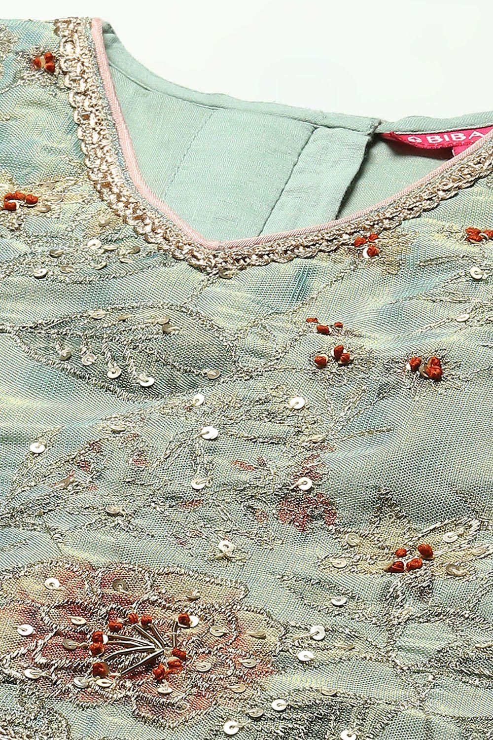 Green Cotton Tissue Blouse Tiered Lehenga & Net Dupatta image number 1