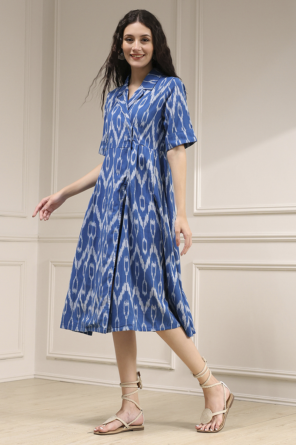 Blue Cotton Flared Yarndyed Dress image number 2