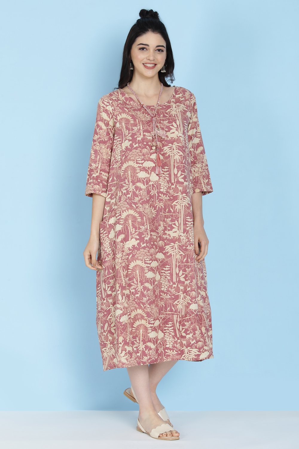 Mauve Cotton Flax Printed Kurta Dress image number 3