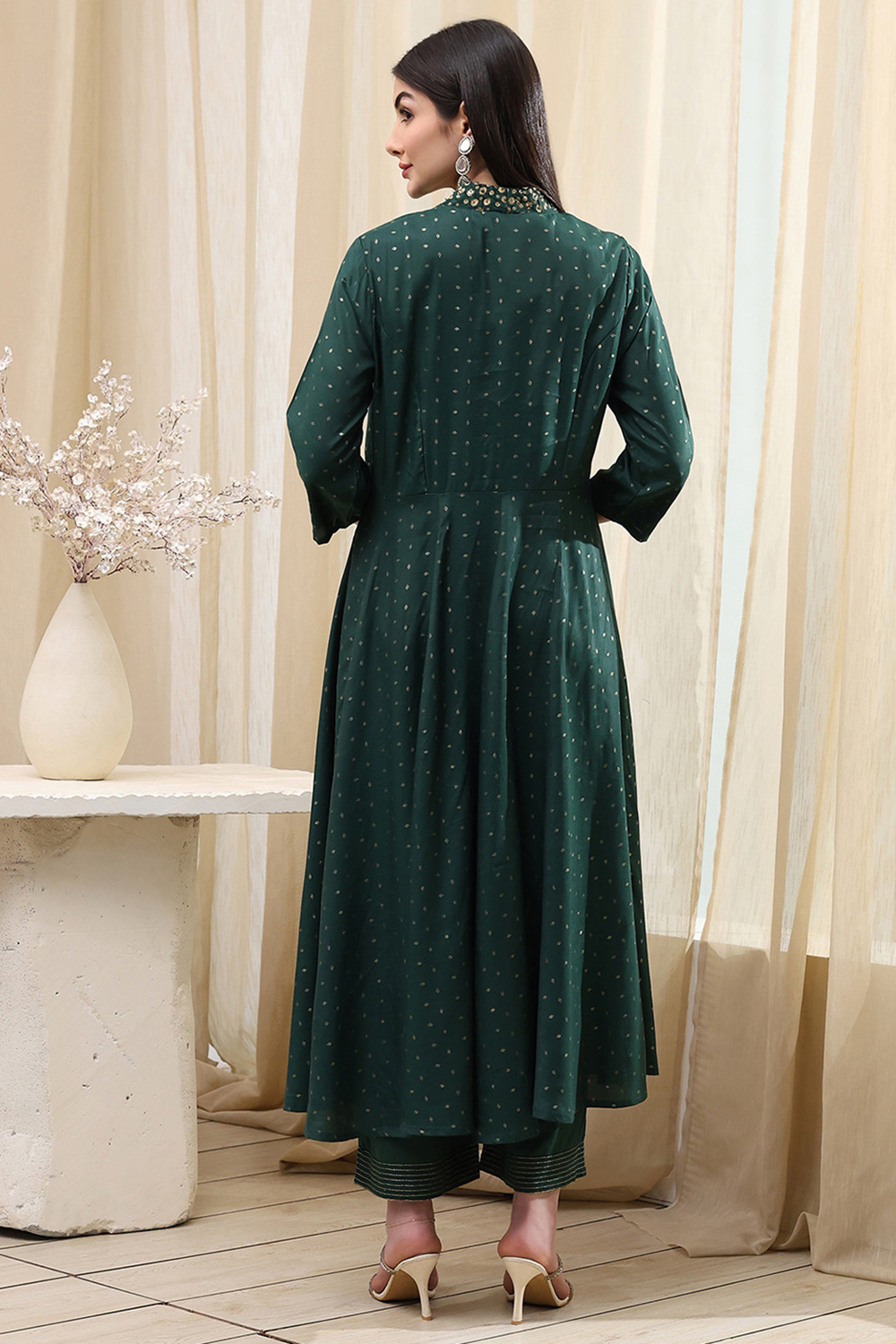 Dark Green Shantoon Printed Anarkali Suit Set image number 4