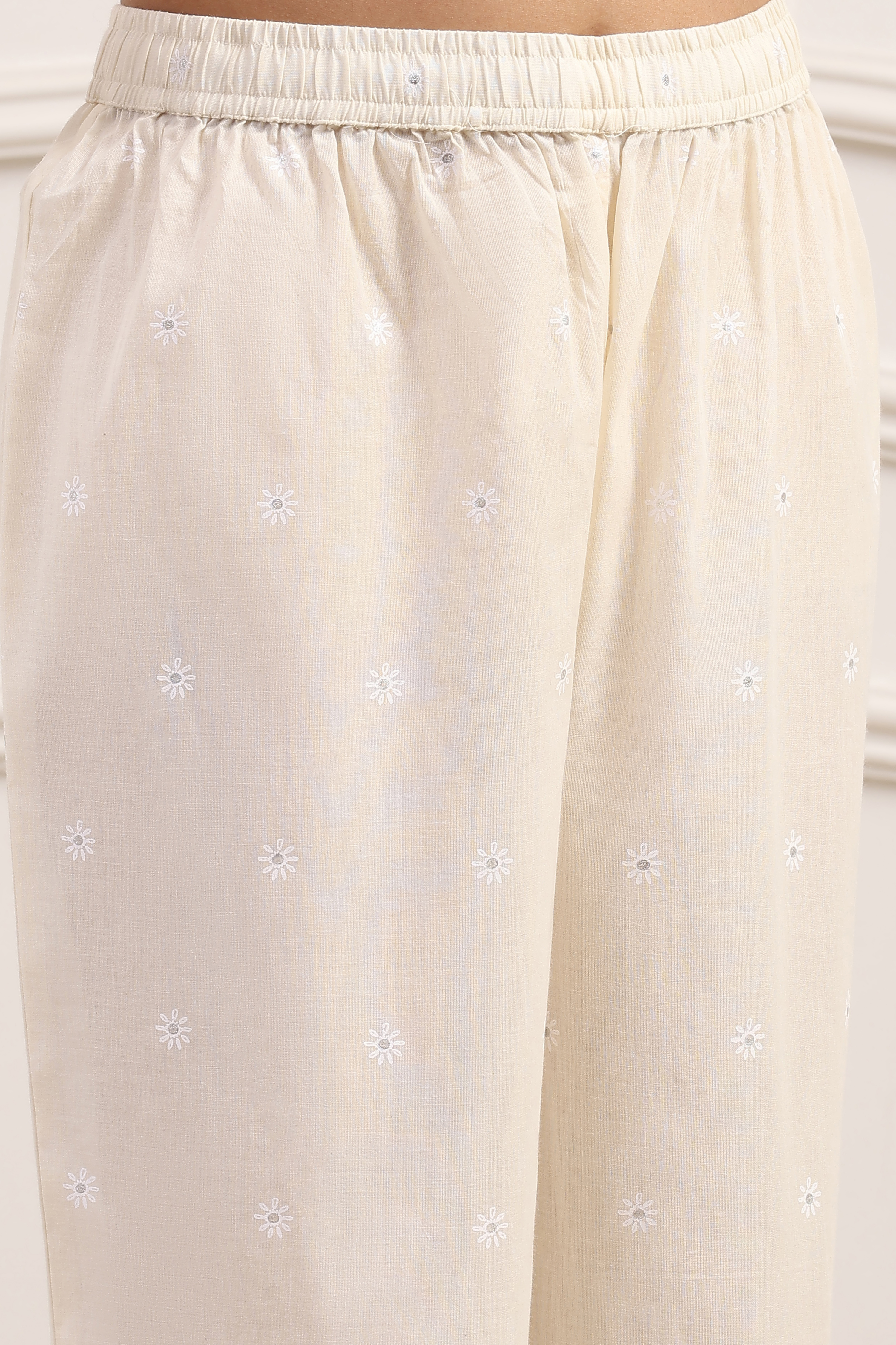 Off-White Cotton Embroidered Straight Suit Set image number 2