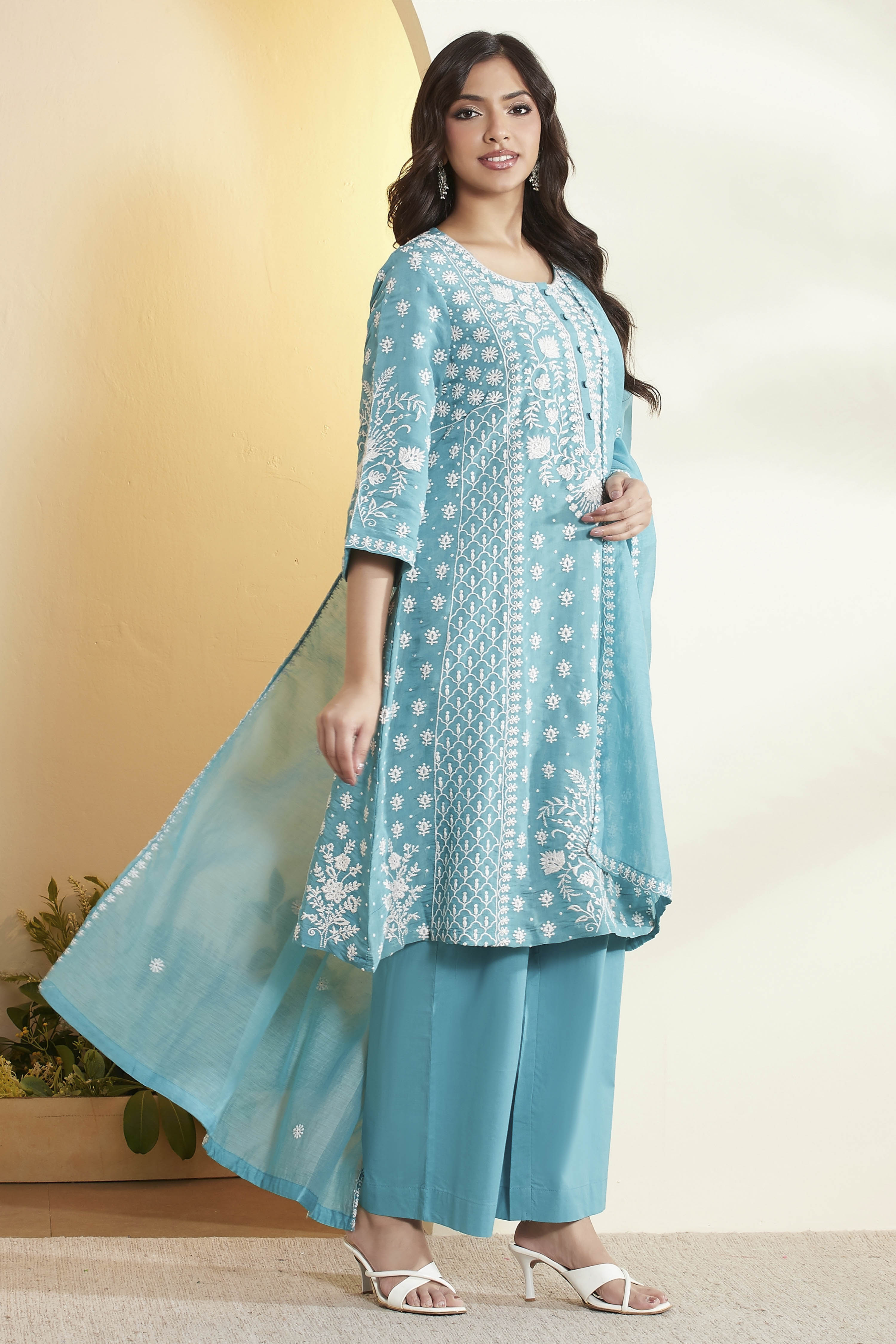 Teal Blue Viscose Blend Embroidered Straight Kurta Set image number 5