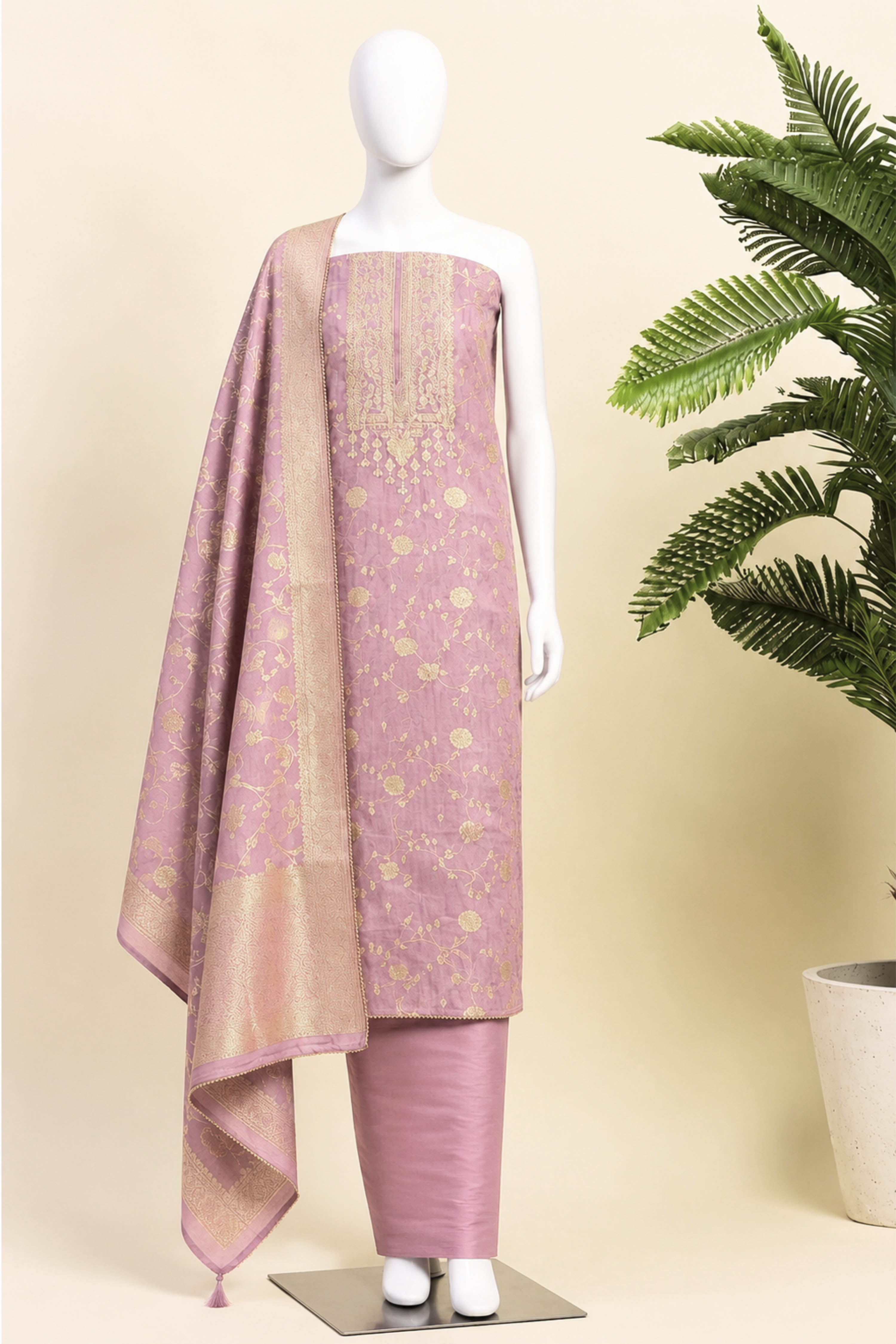 Lavender Jacquard Traditional Weaving Unstitched Suit Set image number 5