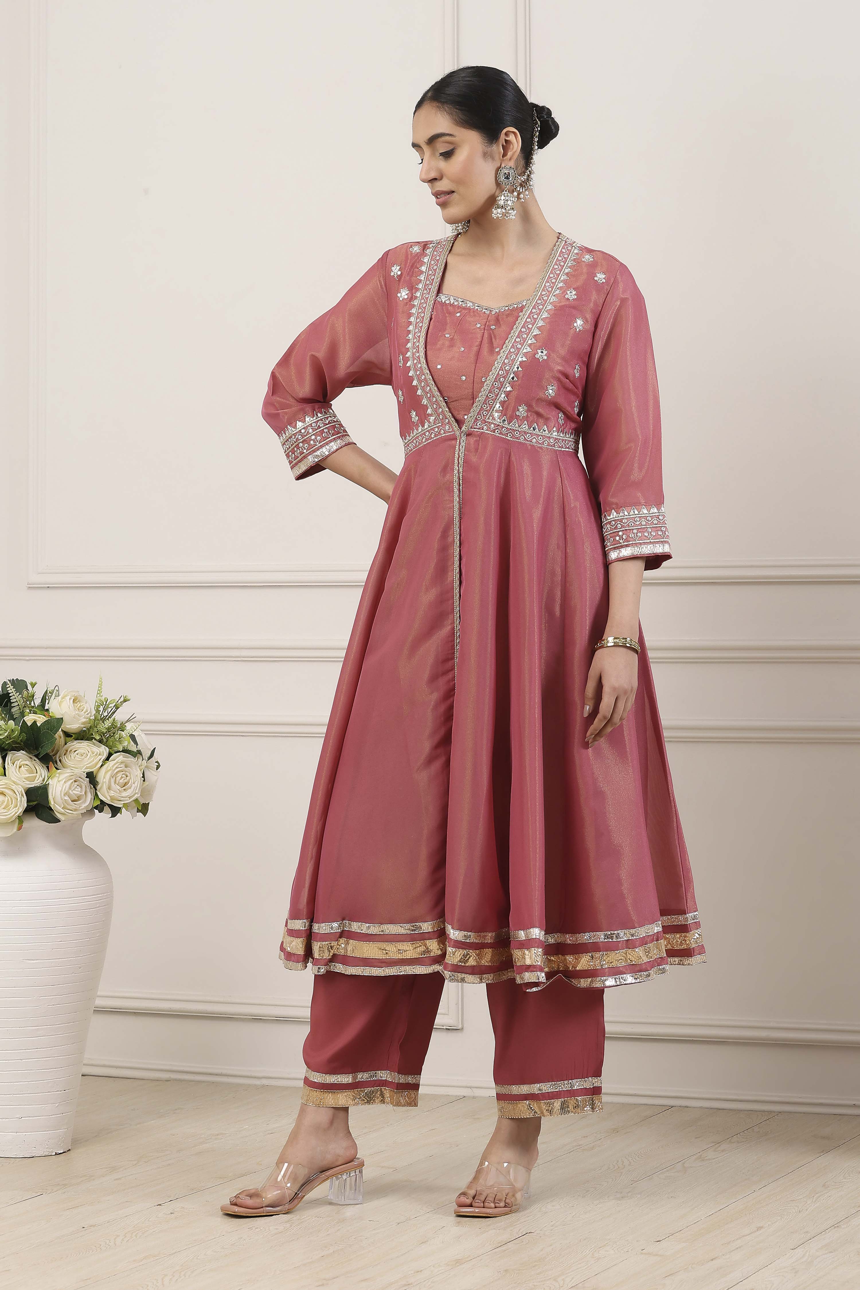 Pink Poly Tissue Anarkali Suit Set image number 3