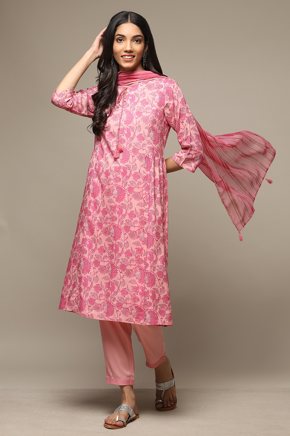 White & Blue Rayon Gathered Kurta Pants Suit Set image number 0