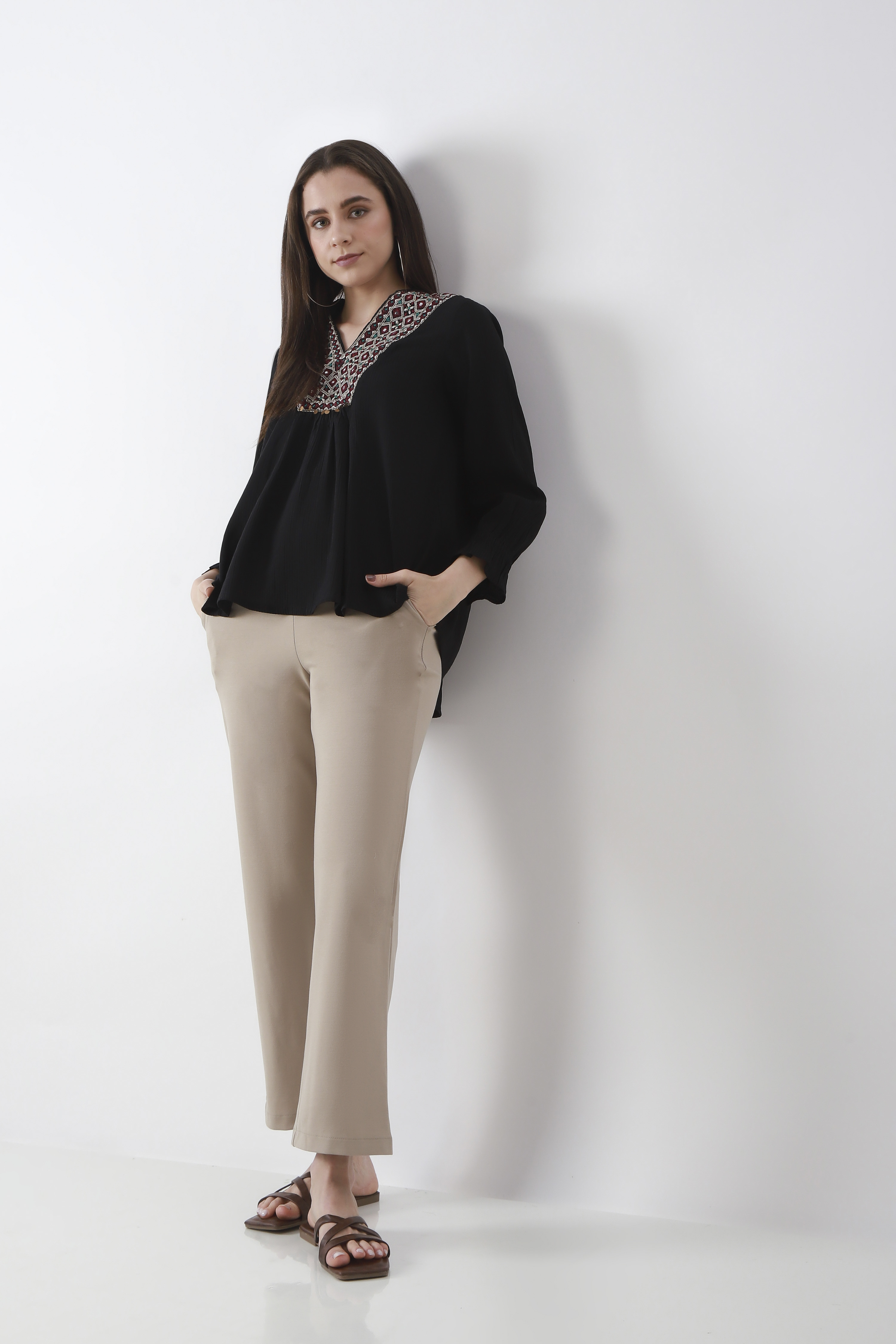 Beige Viscose Blend Wide Leg Pants image number 0